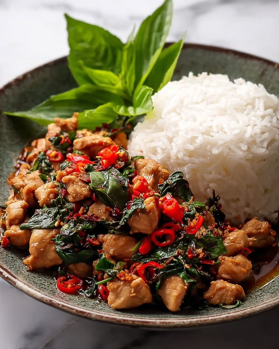 Spicy Thai Basil Chicken (Pad Krapow Gai) Recipe 6 Large white serving bowl filled with a generous portion of savory stir-fried chicken with fresh basil leaves, vibrant red chili slices, and aromatic garlic, served alongside a fluffy mound of steaming white jasmine rice, whole dish presented at a professional 3/4 angle on a white marble surface with natural lighting, capturing the full, uncut meal in a food magazine hero shot style, photo taken with an iphone --ar 4:5 --v 7