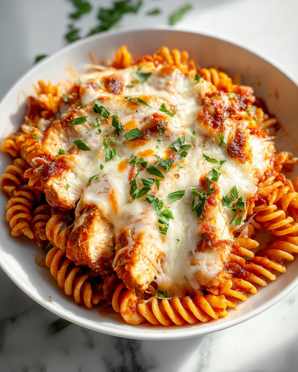Large white ceramic baking dish filled with baked rotini pasta generously coated in rich red marinara sauce, topped with multiple tender chicken pieces and a thick layer of melted golden mozzarella cheese, sprinkled with finely chopped fresh parsley for garnish, whole dish photographed from a slight 3/4 angle on a white marble countertop under natural lighting, professional food magazine hero shot photo taken with an iphone --ar 4:5 --v 7
