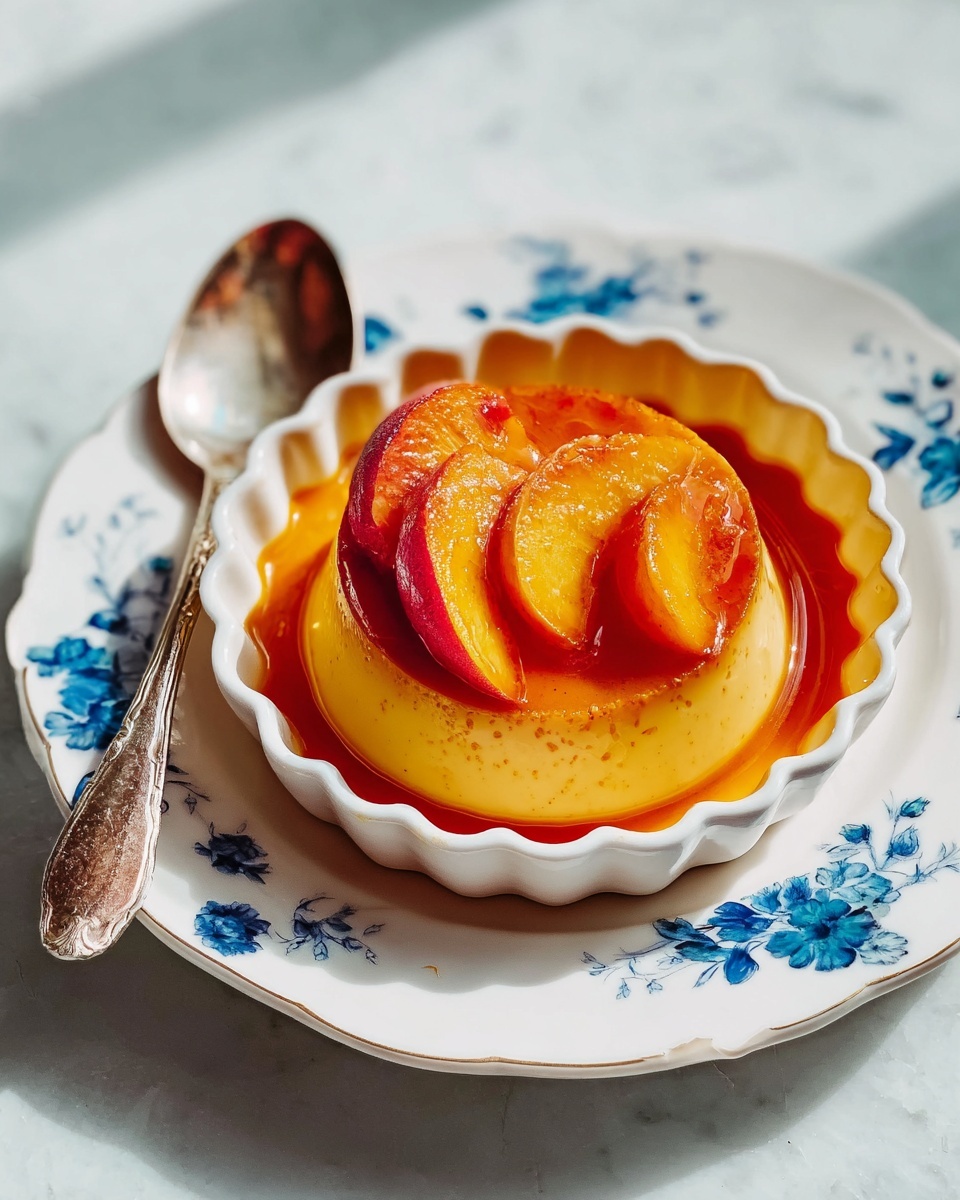 Large white serving platter holding a full batch of smooth, vibrant orange flan topped with caramelized peach slices arranged neatly across the top, the entire dessert glistening under natural lighting, presented on a white marble countertop with professional food styling, shot from a 3/4 angle to showcase the full, uncut dessert in elegant scalloped glass dishes, photo taken with an iphone --ar 4:5 --v 7