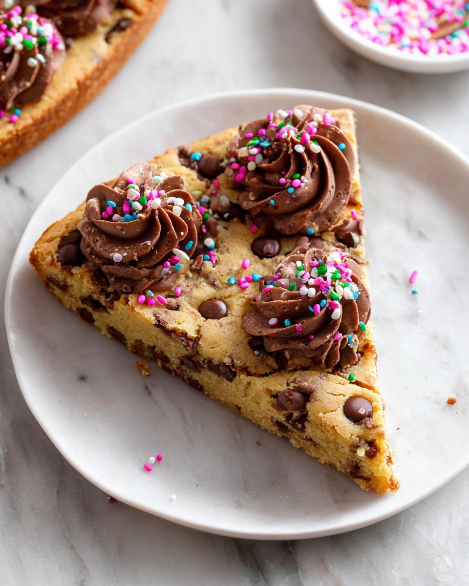 Whole large chocolate chip cookie cake on a white plate, decorated around the edges with evenly spaced chocolate frosting swirls topped with colorful sprinkles, scattered chocolate chips and sprinkles across the entire top, all presented on a white marble countertop with natural lighting, professional food styling, photo taken with an iphone --ar 4:5 --v 7
