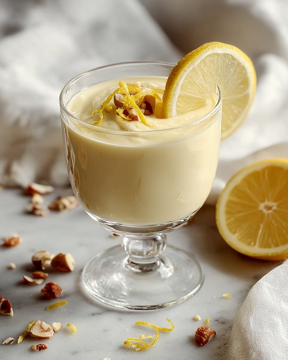 Two large white glasses filled to the brim with thick, creamy lemon smoothie speckled with tiny flecks of ingredients throughout, each glass garnished with a fresh, vibrant lemon wheel perched on the rim, surrounded by whole and sliced lemons along with scattered chopped nuts on a white marble countertop, illuminated by soft natural light, styled elegantly for a food magazine hero shot, showing the entire presentation --ar 4:5 --v 7
