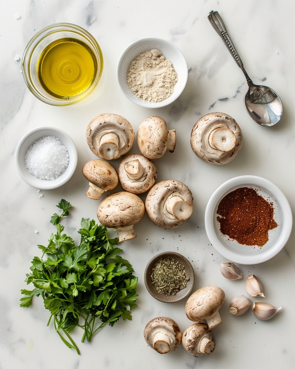 Single white plate holding a close-up serving of three golden-brown roasted mushrooms, showcasing the tender interior and caramelized edges seasoned with herbs and black pepper, garnished with fresh green parsley sprigs, natural lighting highlighting the crispy texture, placed on a white marble surface, intimate plated serving photo taken with an iphone --ar 4:5 --v 7