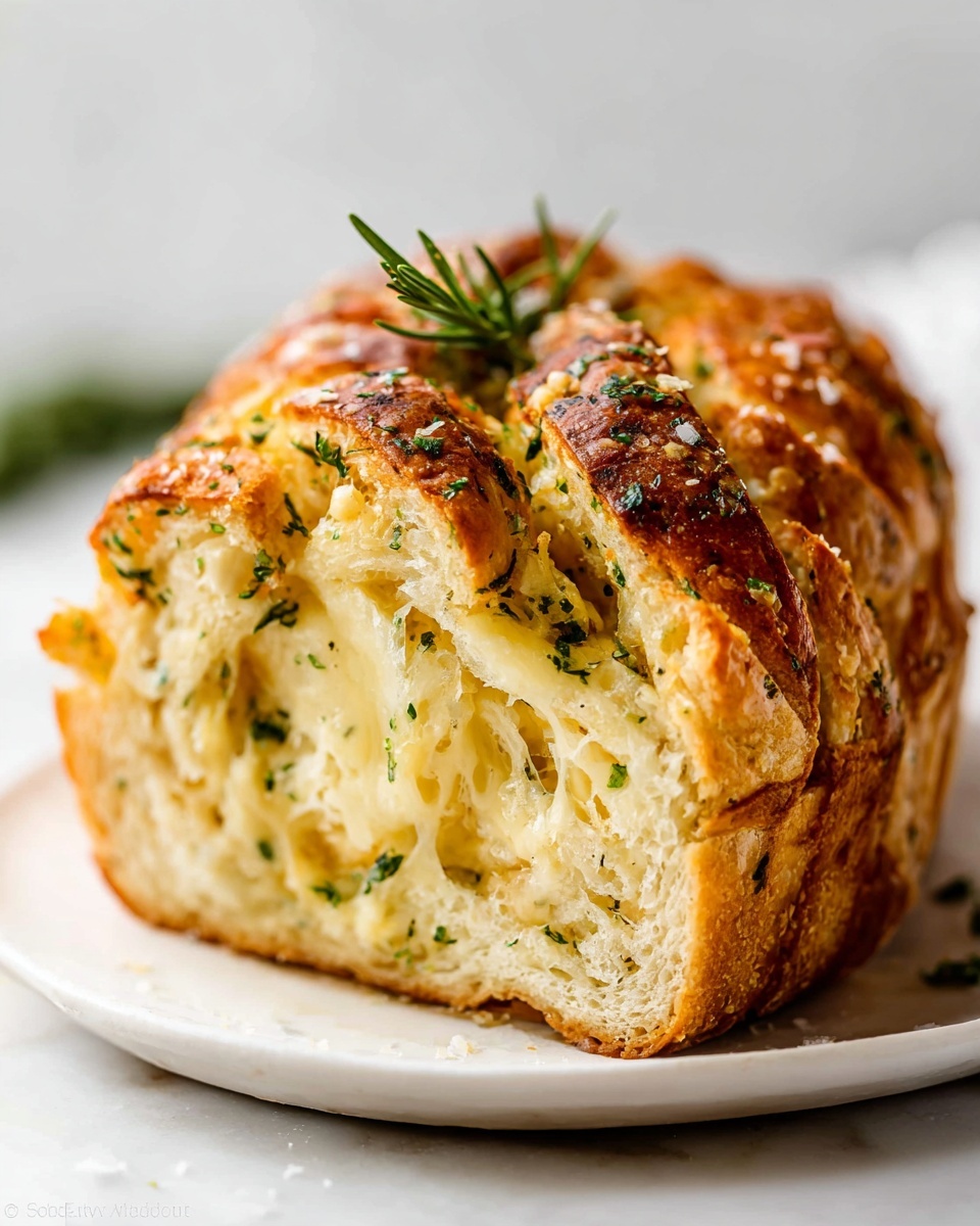 Rosemary Garlic Pull Apart Bread Recipe 6 Long white ceramic baking dish filled with an entire golden-brown pull-apart garlic rosemary bread loaf, twisted and braided with visible layers of melted cheese and sprinkled with flaky sea salt and fresh rosemary sprigs, presented on a white marble countertop under natural light, styled like a hero shot from a food magazine, photo taken with an iphone --ar 4:5 --v 7
