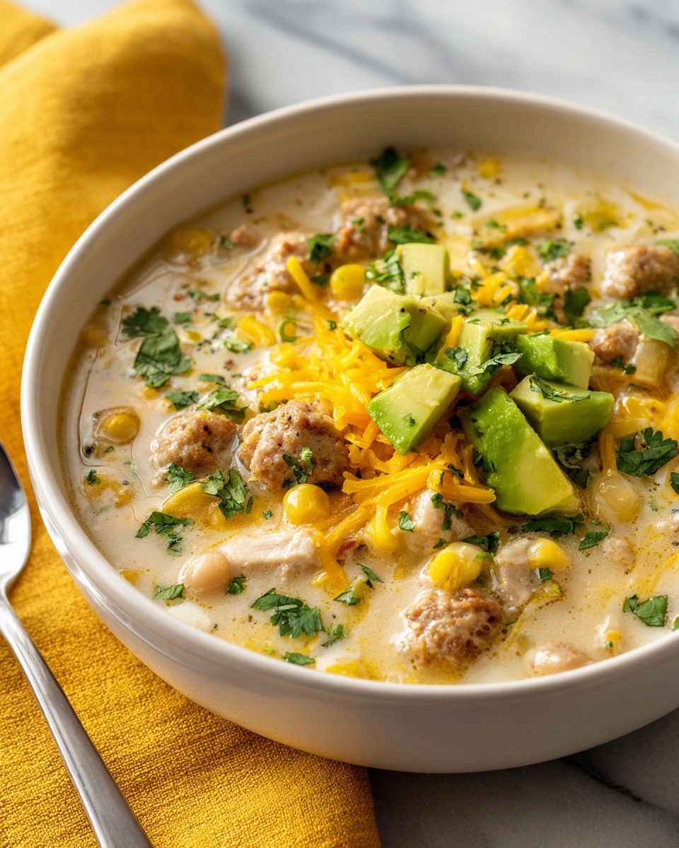 Easy White Turkey Chili Recipe 6 Large white ceramic pot filled with creamy white chicken chili, loaded with tender chunks of ground chicken, white beans, whole corn kernels, and subtle herbs, showcasing the hearty and rich texture of the stew, whole pot displayed on a white marble countertop with natural lighting, styled like a hero food magazine shot, photo taken with an iphone --ar 4:5 --v 7