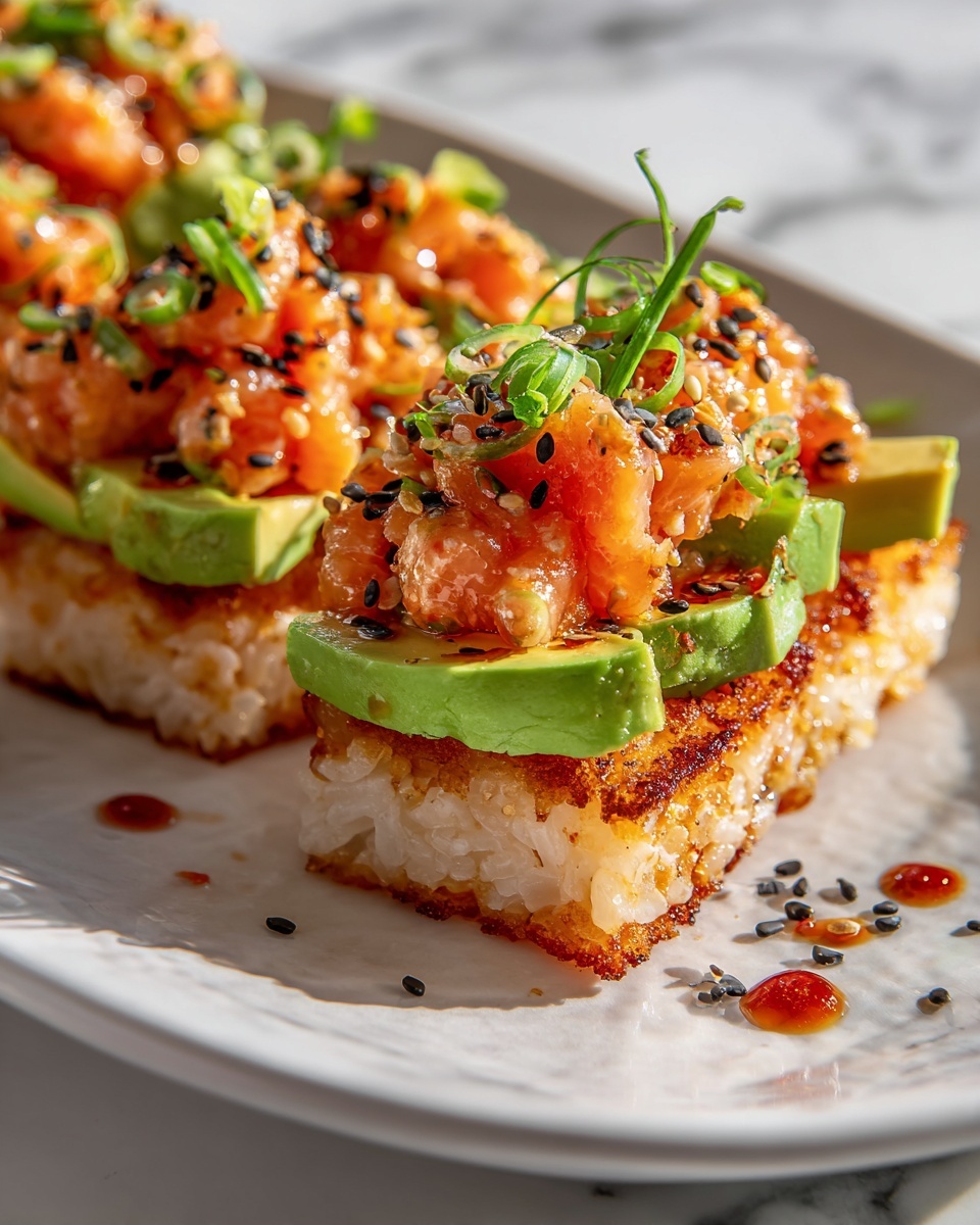 Salmon Crispy Rice Recipe 6 White rectangular serving platter fully arranged with multiple generous portions of spicy salmon tartare on crispy toasted bread slices, topped with diced avocado, scallions, black and white sesame seeds, with creamy spicy mayo glaze glistening on the salmon, garnished delicately with fresh green herb bits, whole platter photographed at a 3/4 angle on white marble background under natural light, professional food magazine hero shot, photo taken with an iphone --ar 4:5 --v 7