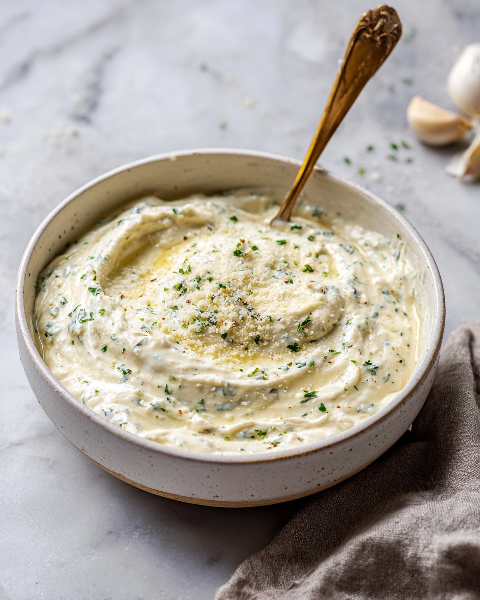 Easy Garlic Parmesan Sauce Recipe 6 A large white ceramic jar filled to the brim with creamy, herb-speckled garlic sauce, showing the smooth and thick texture with flecks of black pepper and herbs visible throughout, surrounded by whole garlic cloves and a rustic wooden table with scattered coarse salt and herbs, the entire jar photographed in a professional 3/4 angle shot on a white marble countertop with natural lighting, styled like a hero shot from a food magazine, photo taken with an iphone --ar 4:5 --v 7