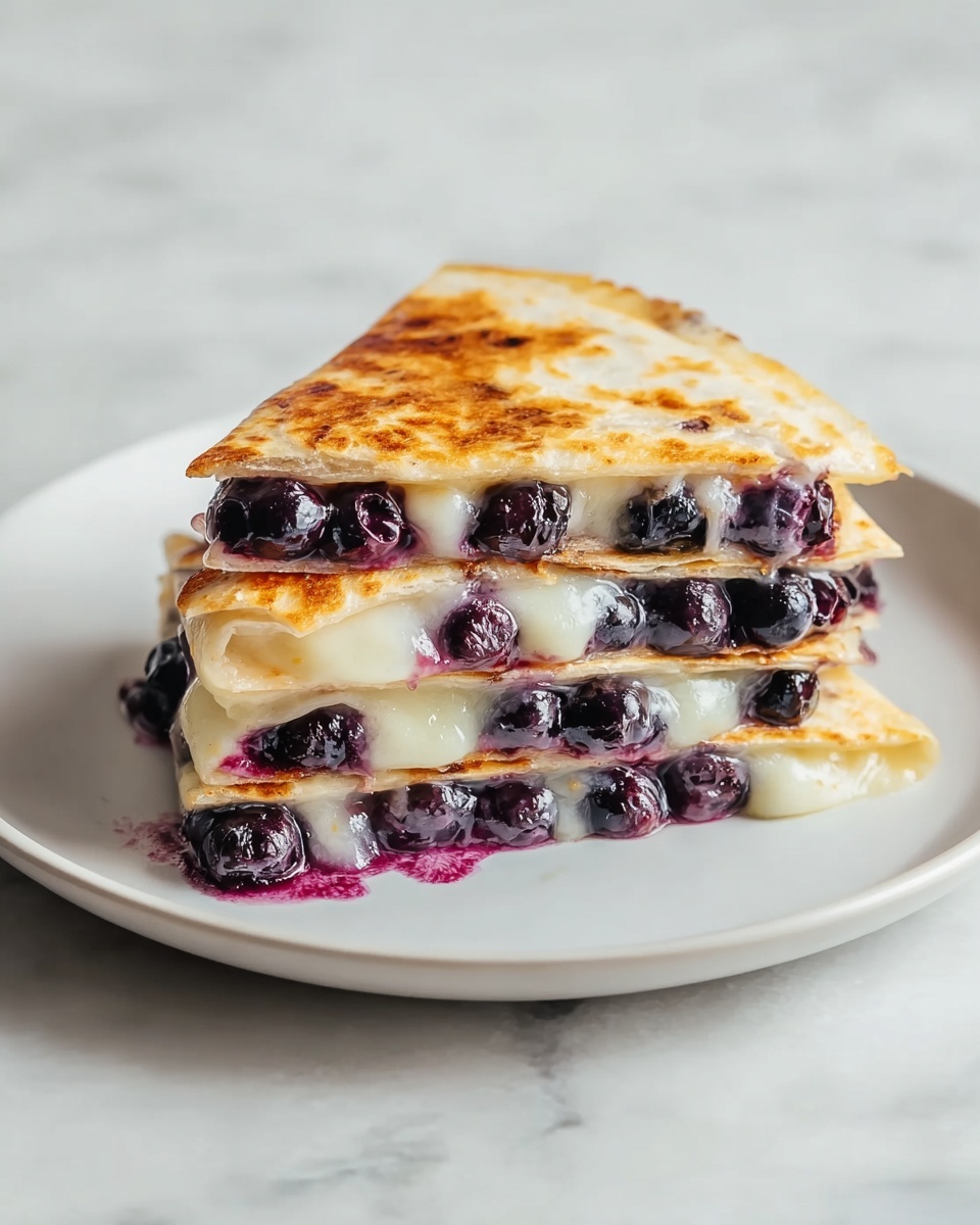 Large white plate holding a whole uncut blueberry and melted cheese quesadilla, golden brown and perfectly toasted on the outside, with visible plump blueberries nestled inside the folded tortilla, photographed from a slightly angled 3/4 view on a clean white marble countertop, styled with natural lighting to highlight the textures and colors, professional food magazine hero shot photo taken with an iphone --ar 4:5 --v 7