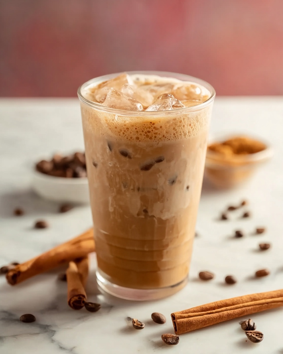 French Toast Iced Latte Recipe 6 A tall, clear white plastic cup filled to the top with a layered, iced pumpkin spice latte, showing rich swirls of creamy milk blending smoothly with dark espresso and vibrant pumpkin spice sauce drizzling down the sides inside the cup, topped with a luscious, thick layer of frothy whipped cream sprinkled with cinnamon powder. Around the cup, whole cinnamon sticks and coffee beans are artfully scattered on a white marble surface with soft, natural lighting that highlights the intricate textures and warm autumn colors in the beverage, presented as a single complete drink in a stylish, professional food magazine hero shot. photo taken with an iphone --ar 4:5 --v 7