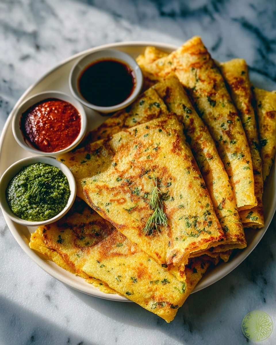 Moong Dal Chilla Recipe 6 Large ornate golden serving tray filled with a full stack of vibrant yellow lentil and spinach dosas, each folded neatly with visible flecks of herbs and spices, arranged alongside three small black bowls containing red chutney, green chutney, and a coarse orange condiment, all placed on a white marble countertop with soft natural light highlighting the textures, professional food styling, photo taken with an iphone --ar 4:5 --v 7
