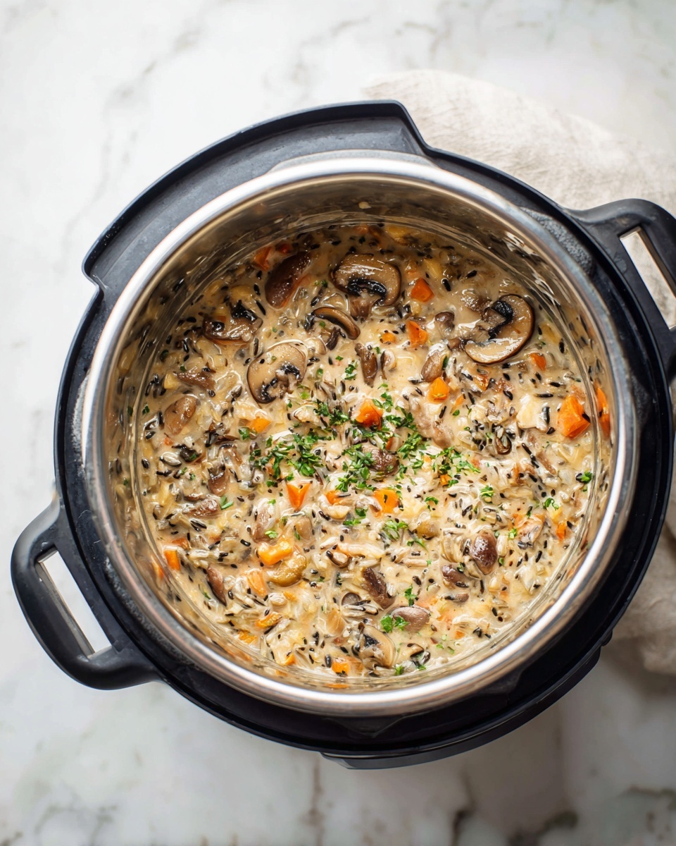 Instant Pot Mushroom Wild Rice Soup Recipe 6 Top-down view of a large stainless steel Instant Pot filled with creamy wild rice and mushroom casserole, packed with whole slices of mushrooms, diced carrots, fresh herbs, and wild rice, showcasing a rich, thick, and hearty texture, the entire dish contained within the cooking pot, set on a white marble countertop, natural soft lighting highlighting the dish’s warm and inviting colors, styled like a professional food magazine hero shot photo taken with an iphone --ar 4:5 --v 7