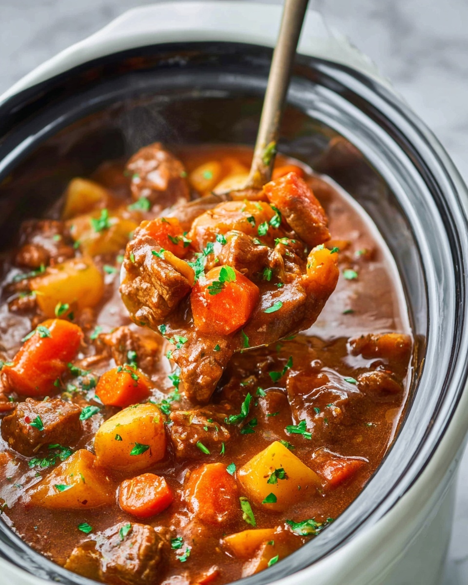 Slow Cooker Beef Bourguignon Recipe 6 Large white ceramic crockpot filled with rich beef stew, showcasing tender chunks of beef, thickly sliced carrots, and hearty potato pieces all immersed in a luscious, savory brown gravy, garnished with bright green fresh herbs, entire dish captured from a 3/4 angle on a white marble countertop with natural lighting, professional food magazine style photo taken with an iphone --ar 4:5 --v 7