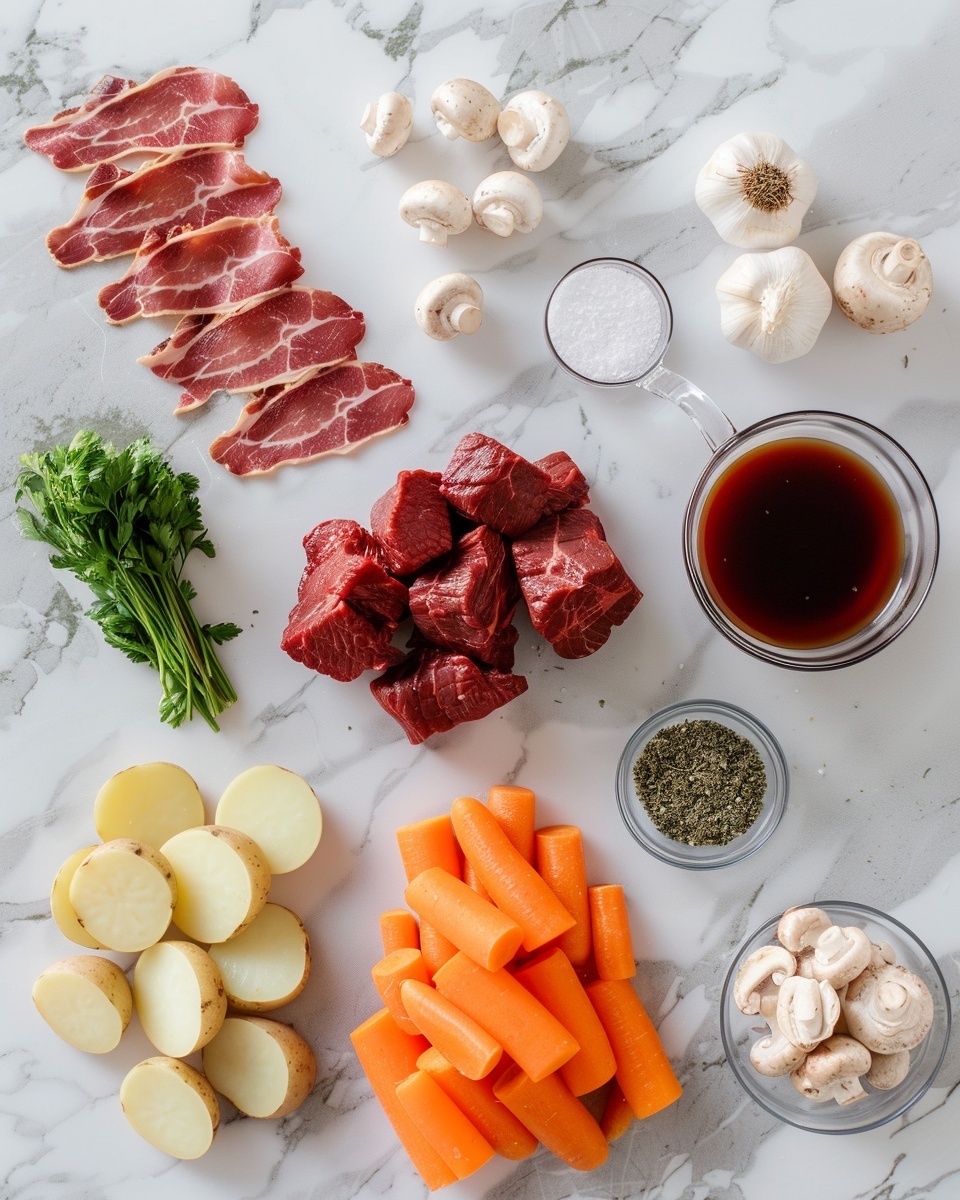 Slow Cooker Beef Bourguignon Recipe 5 A single white plate with a generous serving of creamy mashed potatoes topped with a hearty portion of rich, thick beef stew featuring tender chunks of beef, baby carrots, and whole pearl onions, all coated in a glossy brown gravy, garnished with finely chopped fresh parsley, shot close-up with natural lighting to reveal the smooth texture of the mashed potatoes and the succulent, tender meat pieces, placed on a white marble surface for an intimate, styled food blog presentation, photo taken with an iphone --ar 4:5 --v 7