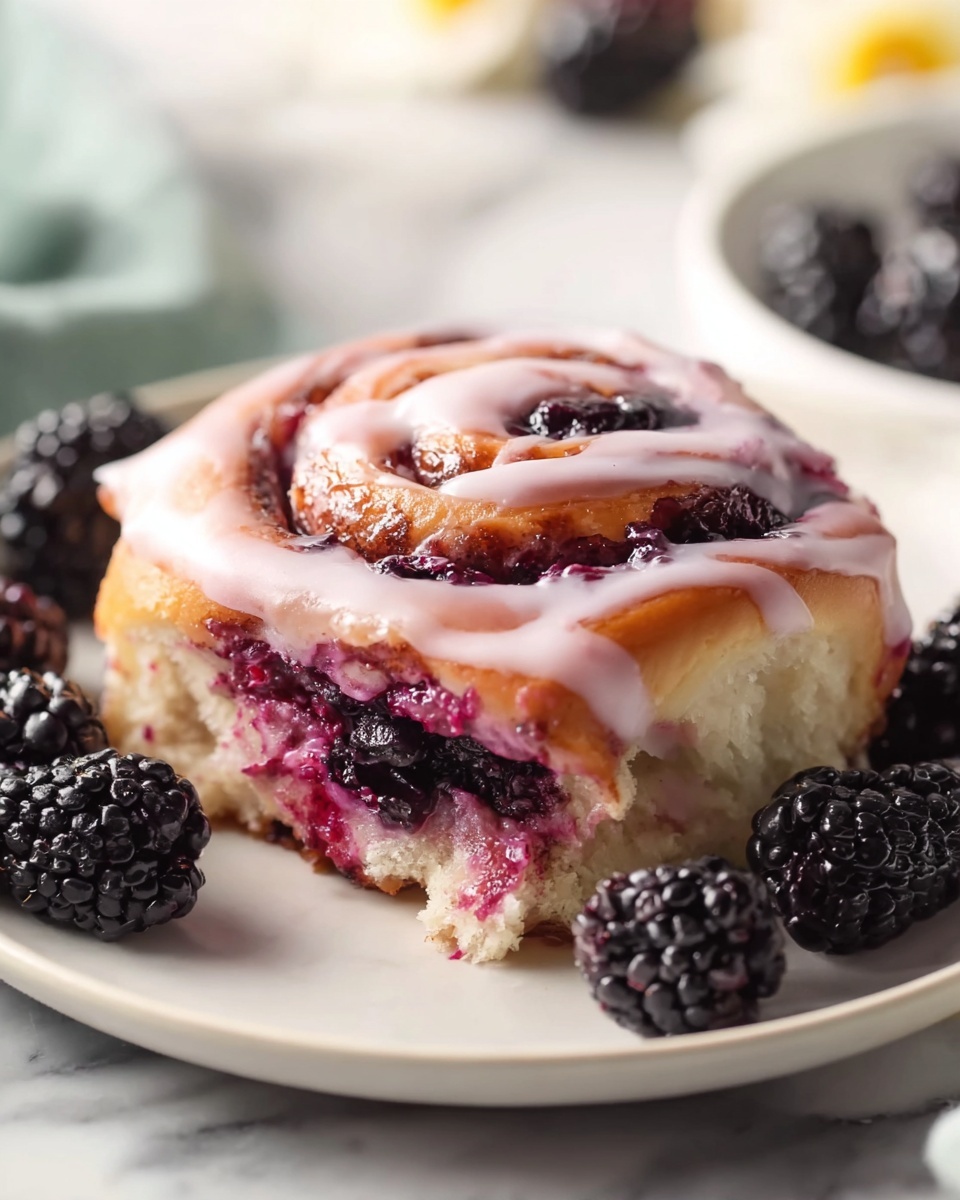 Blackberry Cinnamon Rolls Recipe 6 Large white rectangular baking dish filled with multiple glossy freshly baked blackberry rolls, each swirled with vibrant blackberry filling and topped with a smooth, pale pink glaze and plump blackberries as decoration, the rolls are arranged neatly side by side with their golden brown tops visible, photographed at a 3/4 angle on a white marble surface with soft natural lighting, professional food magazine hero shot photo taken with an iphone --ar 4:5 --v 7
