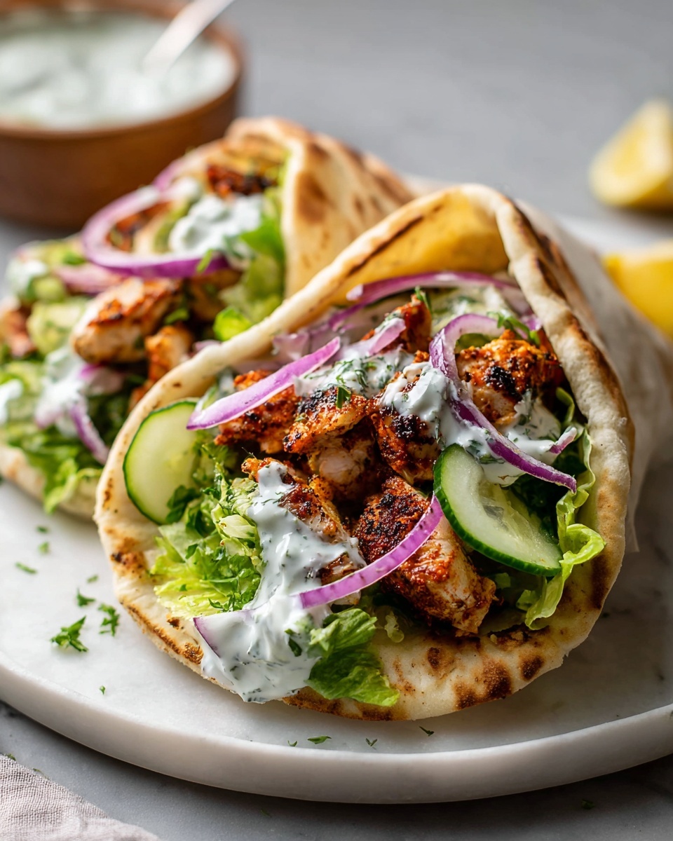 A large white platter filled with a full batch of grilled chicken gyro wraps, each wrapped in lightly toasted pita bread and generously stuffed with seasoned grilled chicken chunks, crisp lettuce, thinly sliced cucumbers, and red onions, topped with a creamy tzatziki sauce, accompanied by several wedges of fresh lemon and a bowl of extra tzatziki on the side, all presented on a white marble countertop with natural lighting, showcasing a professional hero food magazine style photo taken with an iphone --ar 4:5 --v 7