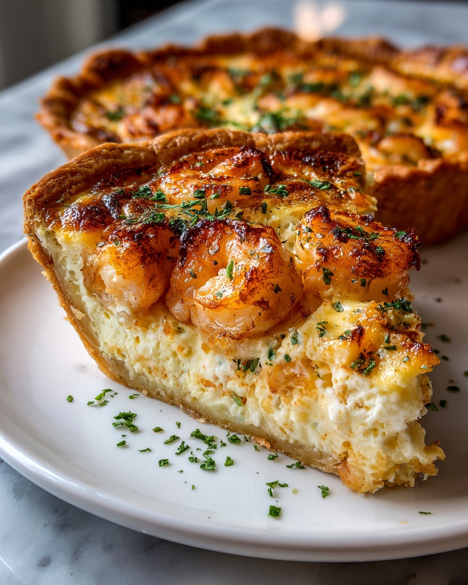 A whole golden-brown seafood pot pie presented in a white ceramic pie dish, its flaky crust perfectly crimped around the edges and generously topped with plump, browned shrimp and finely chopped fresh herbs, bubbling with melted cheese and creamy sauce visible under the crust, shot from a 3/4 angle on a white marble surface with natural lighting, styled like a high-end food magazine hero shot, photo taken with an iphone --ar 4:5 --v 7