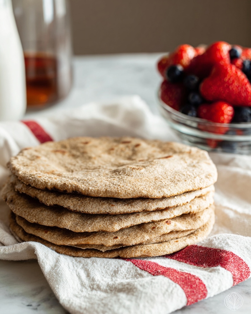 Oatmeal Crust Breakfast Pizzas Recipe 6 Stack of several whole, round homemade flatbreads with a rustic texture, arranged neatly on a white cloth with a red stripe, accompanied by a clear bowl full of fresh strawberries and blueberries in the background, whole dish photographed from a 3/4 angle on a white marble countertop, natural lighting, professional food styling photo taken with an iphone --ar 4:5 --v 7