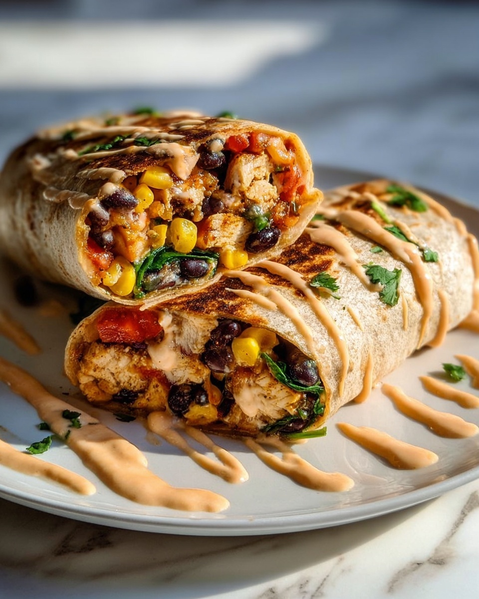 A large white plate elegantly arranged with three whole grilled burritos, tightly wrapped and perfectly toasted with even golden-brown grill marks, filled abundantly with shredded chicken, black beans, sweet corn, diced tomatoes, and melted cheese, each burrito drizzled generously with creamy chipotle sauce and garnished with finely chopped fresh cilantro, whole dish captured from a close 3/4 angle on a pristine white marble countertop, styled with natural lighting for a vibrant, appetizing feel, professional food magazine hero shot photo taken with an iphone --ar 4:5 --v 7