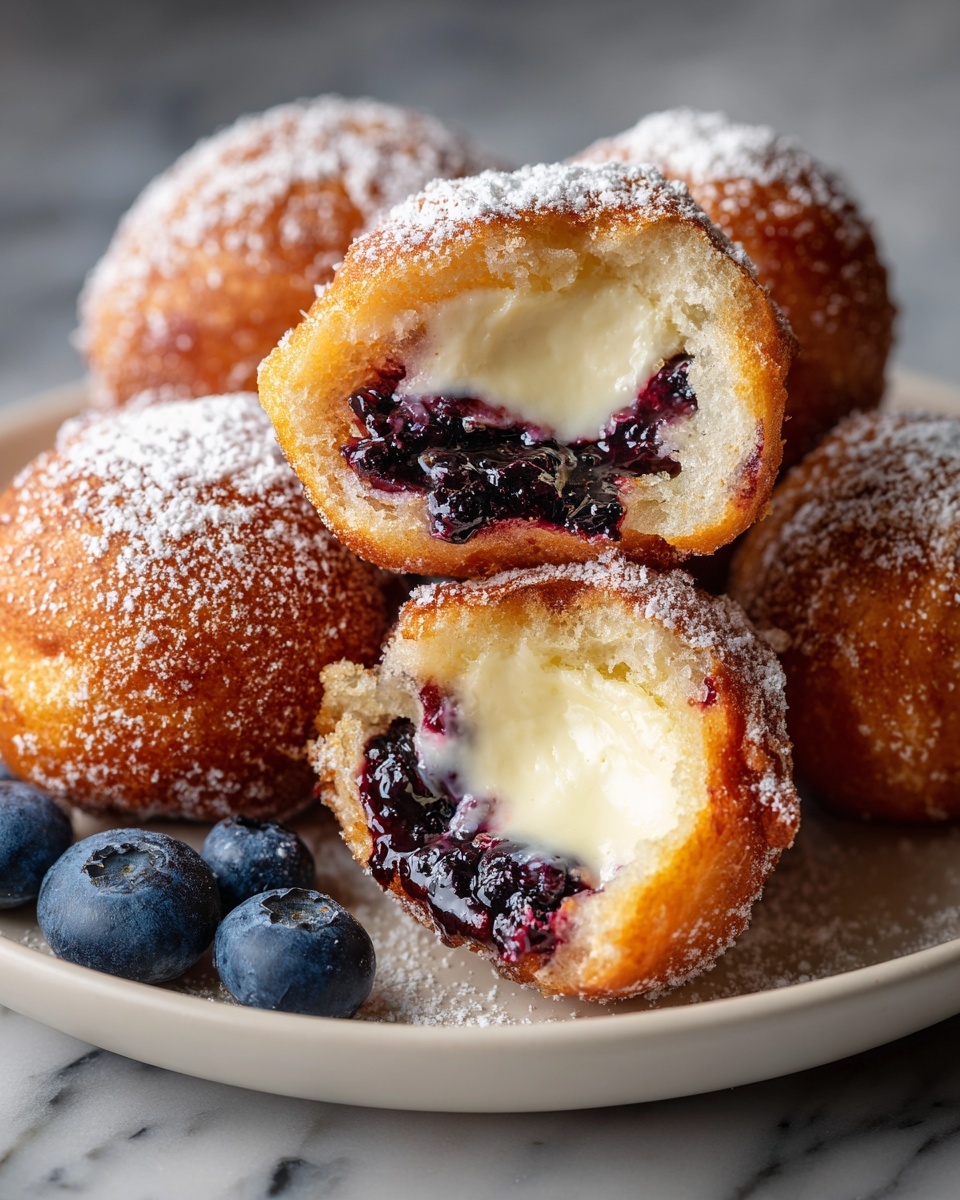 Large white bowl filled with a generous serving of golden-brown fried donut holes studded with juicy blueberries and filled with creamy custard, dusted evenly with powdered sugar, surrounded by fresh plump blueberries on the side, photographed from a close 3/4 angle on a white marble background with natural light, professional food magazine hero shot photo taken with an iphone --ar 4:5 --v 7
