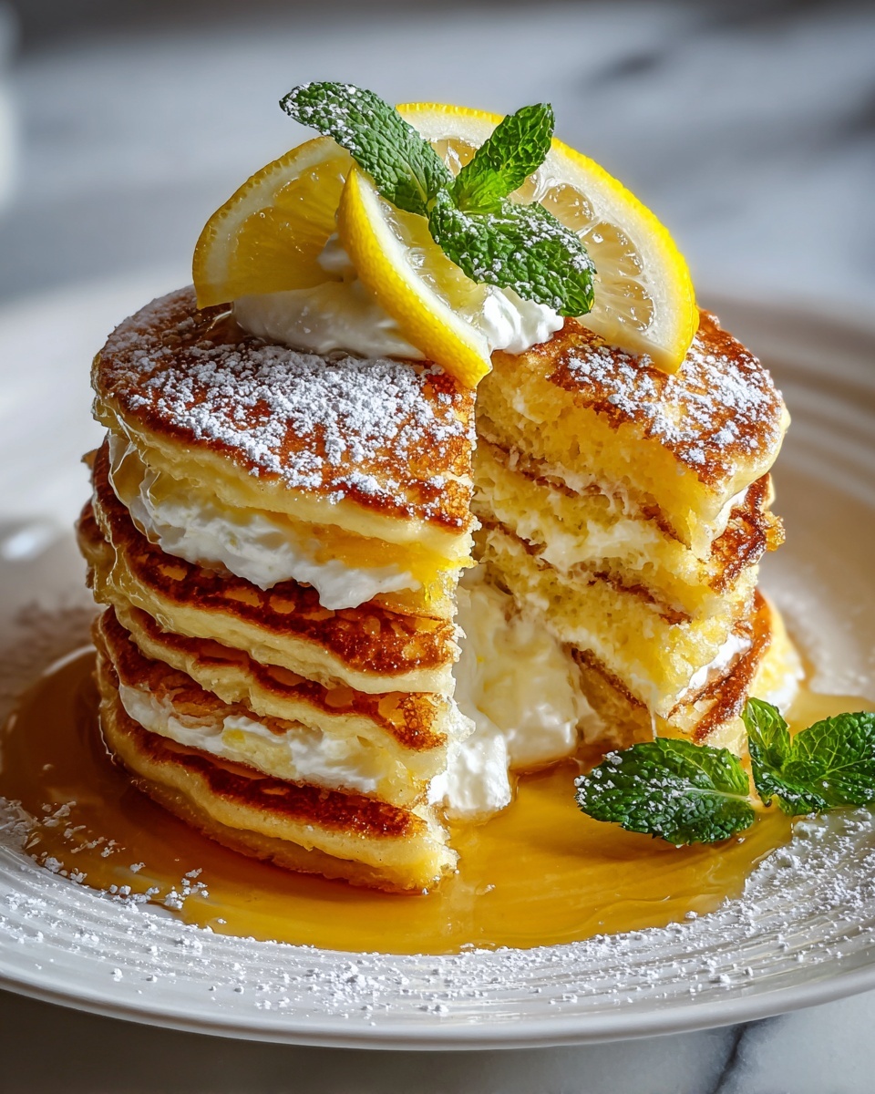 Large white plate stacked with a whole tall tower of fluffy golden lemon ricotta pancakes layered with smooth whipped cream, topped with vibrant lemon slices and fresh mint leaves, drizzled generously with maple syrup and dusted with powdered sugar, entire uncut stack showcased, photographed from a 3/4 angle on a white marble countertop with natural light, styled like a hero shot from a food magazine, photo taken with an iphone --ar 4:5 --v 7