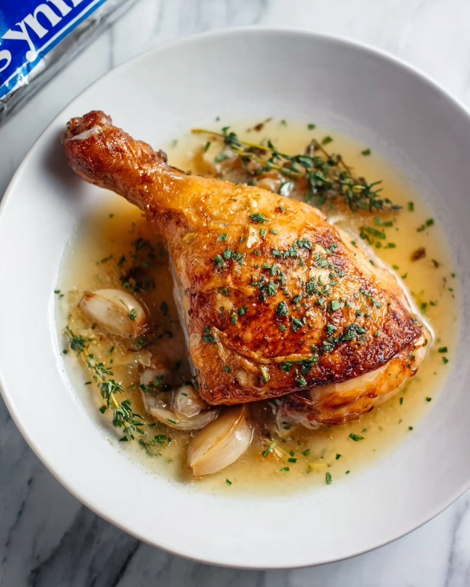 Easy Oven-Roasted French Garlic Chicken Recipe 6 White rectangular baking dish filled with four golden roasted whole chicken legs nestled in a rich, aromatic garlic and herb sauce with whole roasted garlic cloves and sprigs of fresh thyme and rosemary, the edges of the foil slightly crisped from baking, presented on a white marble countertop with natural lighting, professional 3/4 angle food magazine style photo taken with an iphone --ar 4:5 --v 7