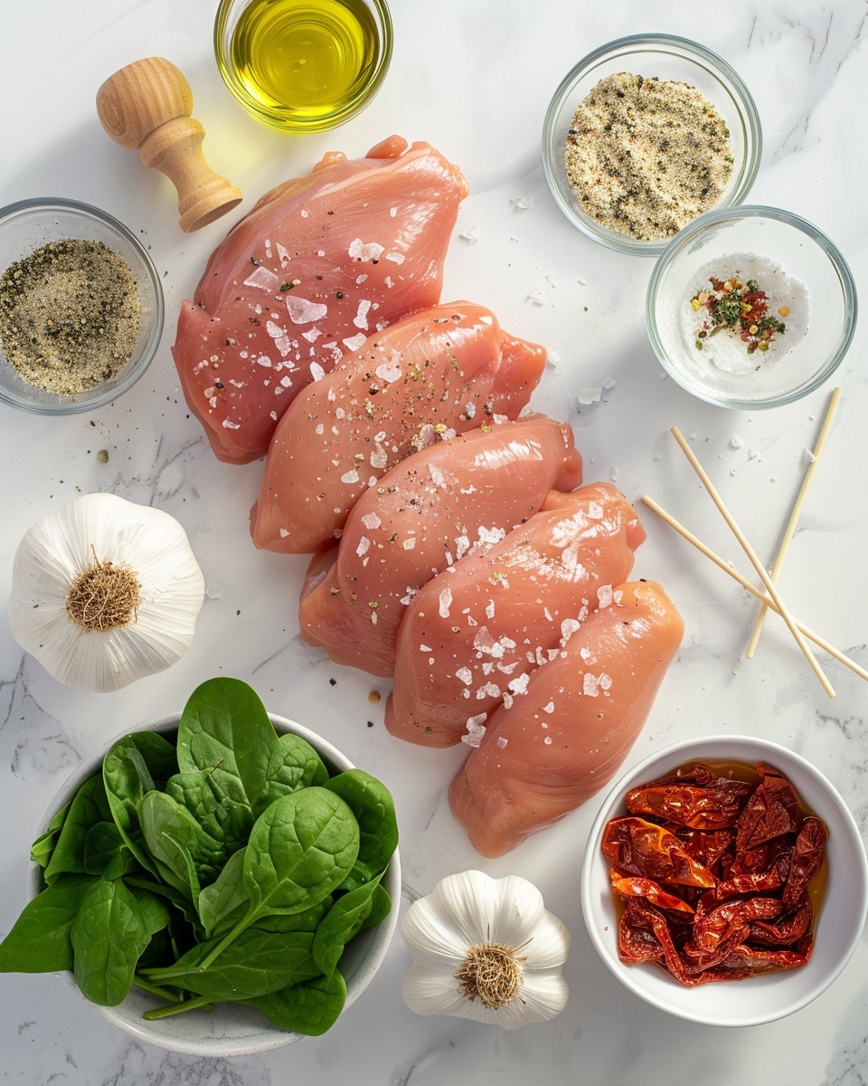 Rolled Chicken with Feta, Spinach, and Sun-Dried Tomatoes Recipe 5 Single white plate presenting one rolled chicken roulade slice stuffed with creamy cheese, fresh spinach, and sun-dried tomatoes, revealing the intricate layers and vibrant colors inside, seasoned with cracked black pepper and herbs, garnished with crumbled cheese and spinach leaves around, natural light illuminating the moist texture and golden-browned exterior, set on a white marble surface, intimate angled close-up photo taken with an iphone --ar 4:5 --v 7