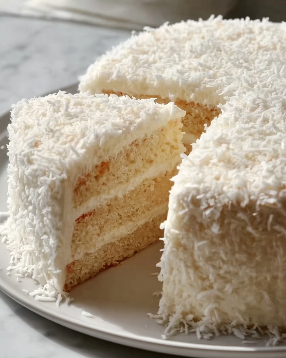 Coconut Cake With Coconut Cream Buttercream Recipe 6 Whole round white coconut cake on a white plate, richly frosted with creamy white icing and fully covered with shredded coconut flakes, no slices removed, showing the cake’s complete and smooth exterior, presented on a white marble background with natural lighting, professional food magazine style hero shot, photo taken with an iphone --ar 4:5 --v 7