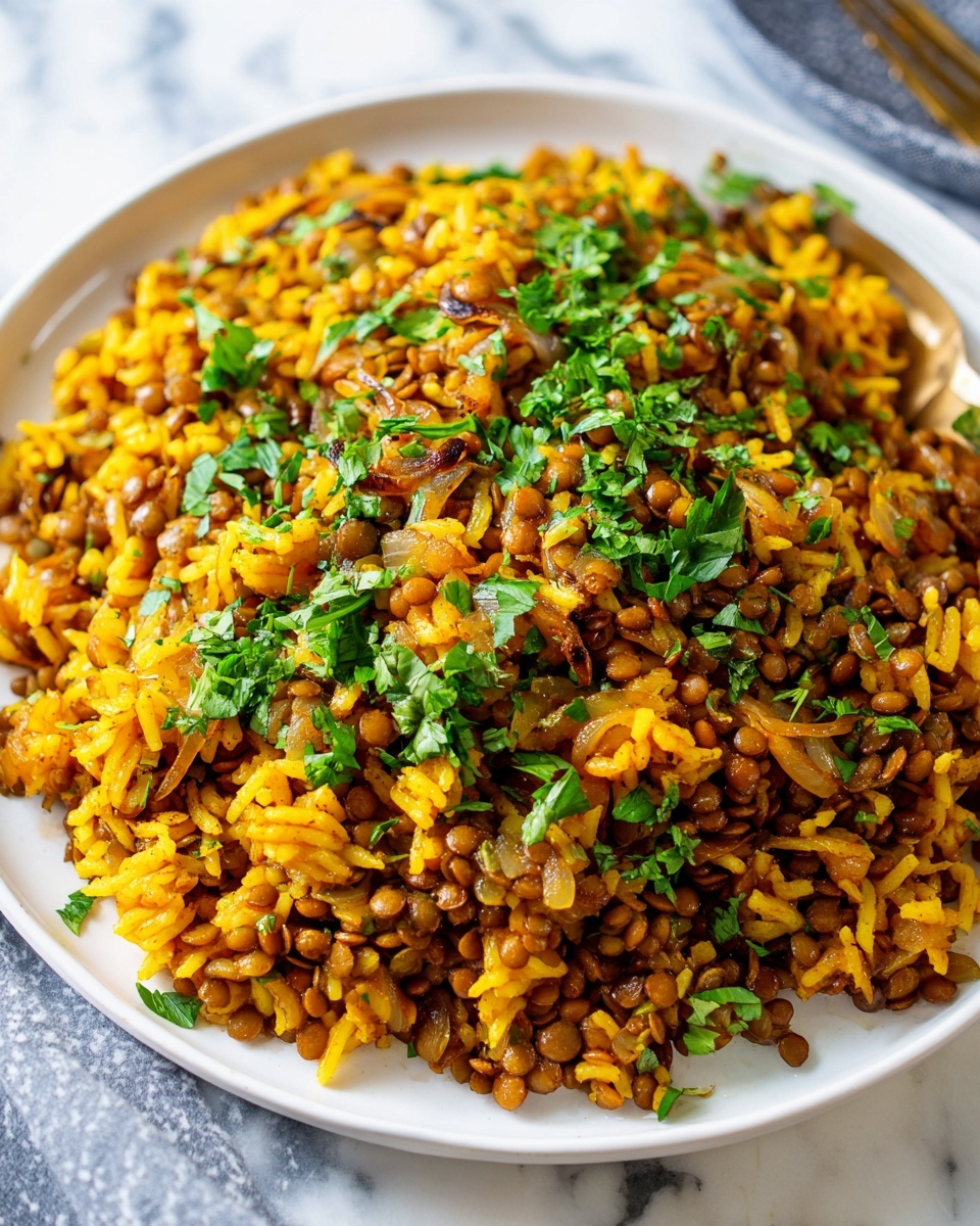 Easy Mediterranean Lentils and Rice Recipe 6 Large white serving bowl filled with a vibrant lentil and rice pilaf, showcasing fluffy golden yellow rice mixed with perfectly cooked lentils, garnished generously with fresh chopped green onions and cilantro, arranged with bright natural lighting on a white marble countertop, styled like a hero shot from a food magazine, photo taken with an iphone --ar 4:5 --v 7