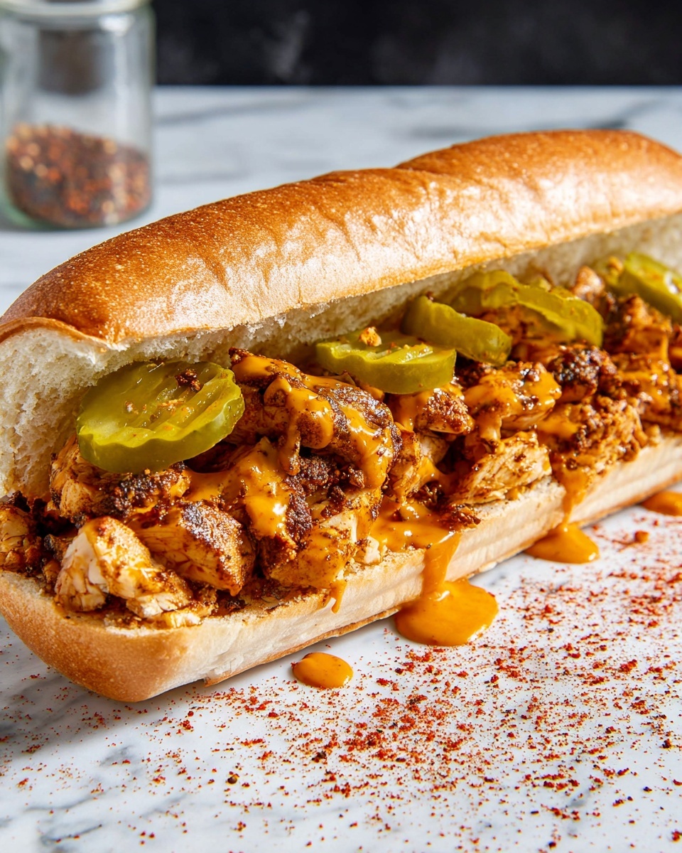 Nashville Hot Chicken Melt Recipe 6 Long white hoagie roll filled with generous portions of seasoned grilled chicken pieces, layered with crunchy pickle slices and drizzled with a rich, spicy orange sauce, whole sandwich presented on a white surface sprinkled with red seasoning, photographed from a 3/4 angle with natural lighting on a white marble background, professional food magazine style hero shot, photo taken with an iphone --ar 4:5 --v 7