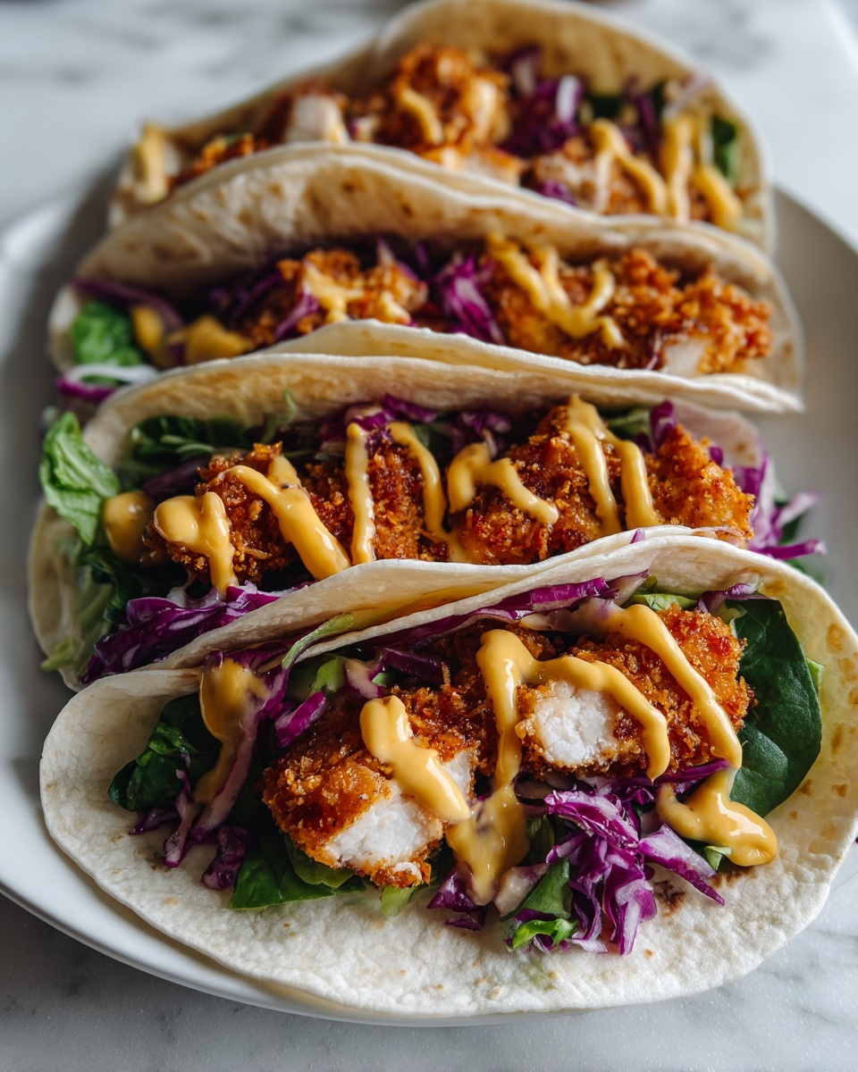 Large white rectangular platter filled with eight whole crispy chicken tacos, each wrapped in soft white flour tortillas, generously stuffed with crunchy breaded chicken pieces, fresh green lettuce, vibrant purple cabbage, and drizzled with creamy orange cheese sauce, all garnished with finely shredded cabbage, arranged neatly to showcase their full, unwrapped appearance; photographed from a close 3/4 angle on a white marble countertop with natural lighting to capture a professional food magazine hero shot, photo taken with an iphone --ar 4:5 --v 7