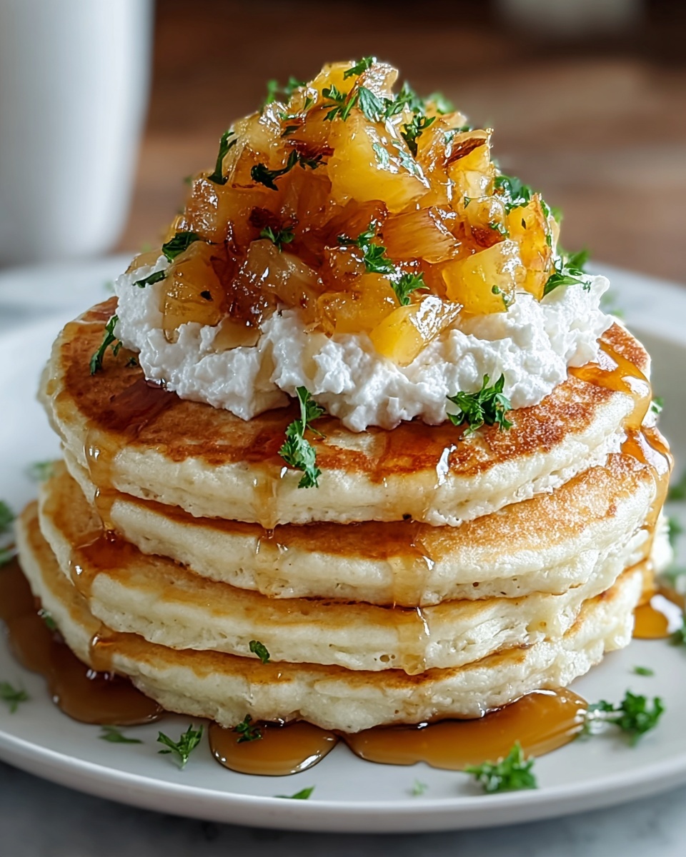 Large white plate stacked with a full tower of fluffy golden pancakes, each layer perfectly thick and evenly cooked, topped generously with dollops of whipped cream, caramelized pineapple chunks, and a drizzle of rich amber syrup cascading over the sides, garnished with fresh green parsley leaves and a light dusting of powdered sugar, whole dish captured from a 3/4 angle against a white marble background, natural lighting highlighting the textures and colors, professional food magazine hero shot photo taken with an iphone --ar 4:5 --v 7