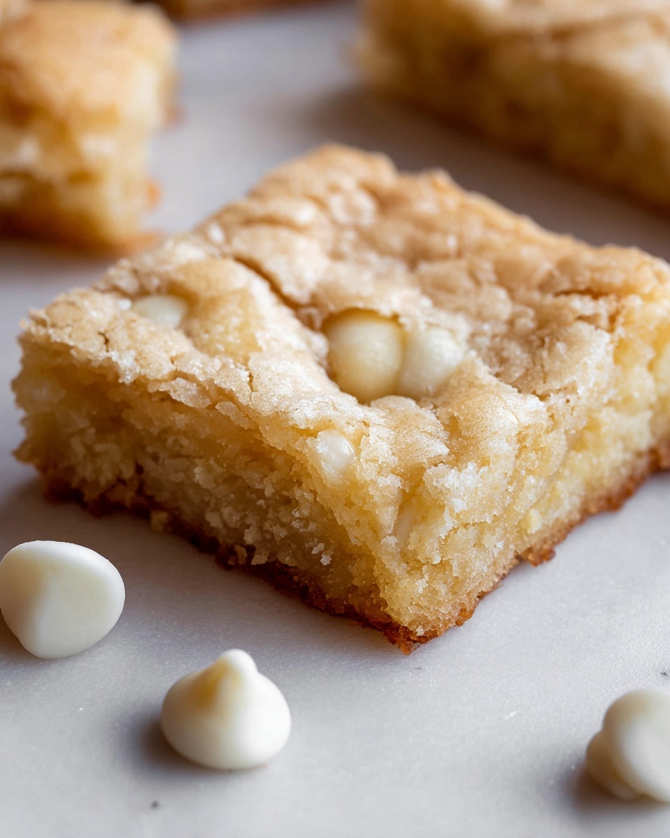 Large white rectangular baking pan filled with freshly baked white chocolate blondies, featuring a shiny, crackled golden crust on top, arranged in a neat grid pattern with no pieces removed, scattered white chocolate chips around the pan, whole dish photographed from a 3/4 angle on a white marble countertop, natural lighting, professional food styling photo taken with an iphone --ar 4:5 --v 7