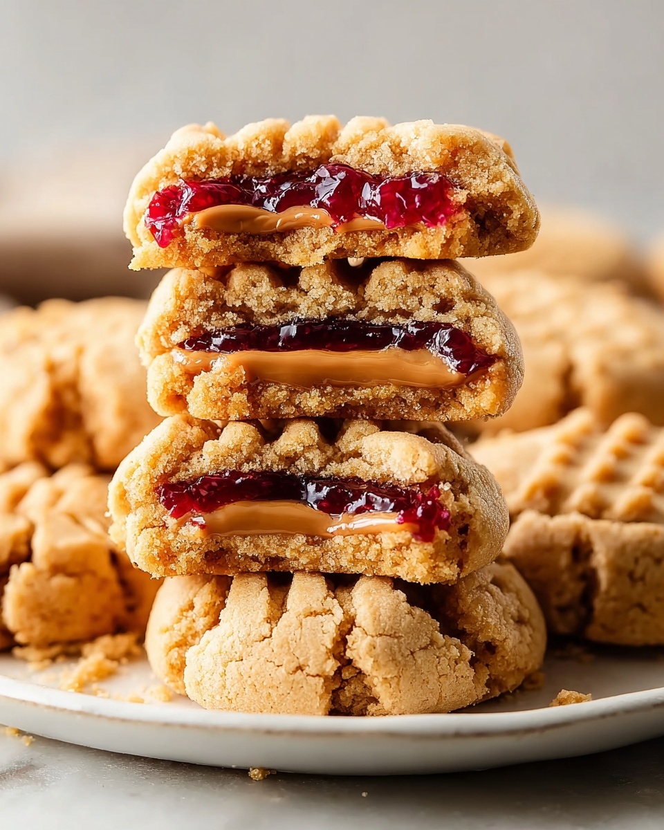 PB&J Stuffed Cookies Recipe 6 A white ceramic plate beautifully arranged with a full stack of freshly baked peanut butter and jelly cookies, showing their golden crumbly texture and thick layers of glossy peanut butter and vibrant red jelly inside each cookie, the cookies neatly piled to showcase the whole batch as a complete set, captured in a professional 3/4 angle shot on a white marble countertop with natural light highlighting the textures and colors, like a hero shot from a food magazine, photo taken with an iphone --ar 4:5 --v 7