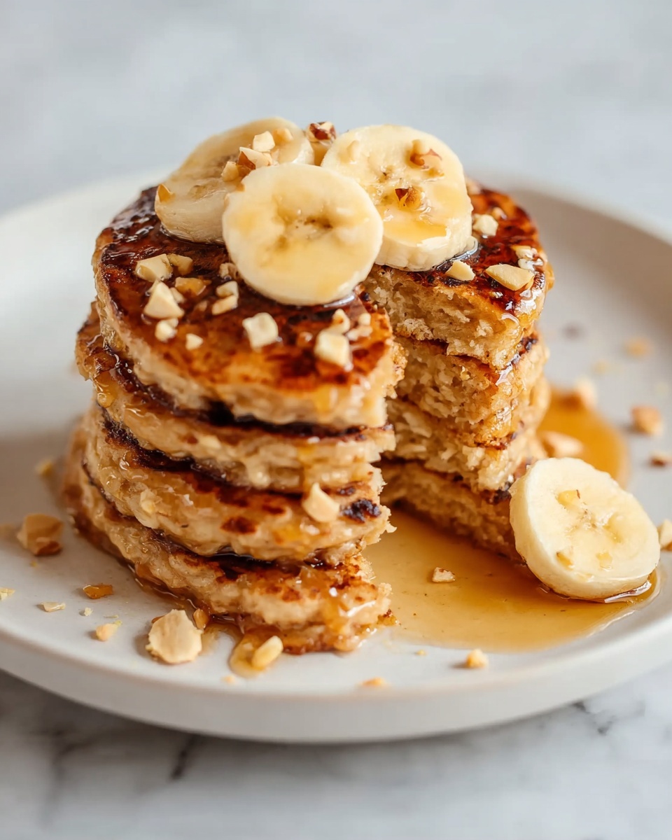 A large white round plate showcasing a tall stack of golden-brown banana pancakes arranged neatly, topped with several slices of fresh banana and sprinkled with chopped nuts, drizzled generously with rich maple syrup that cascades down the sides, all presented on a white marble countertop with natural lighting highlighting the texture and warmth of the pancakes, professional food styling photo taken with an iphone --ar 4:5 --v 7