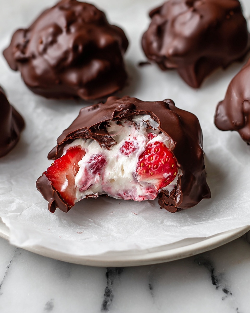Large white bowl filled with multiple chocolate-covered strawberry clusters, the glossy dark chocolate coating enveloping each irregularly shaped mound with visible hints of fresh strawberries inside, surrounded by plump, bright red whole strawberries with green leafy tops arranged artfully on crumpled white parchment paper, all presented in a professional 3/4 angle shot on a white marble background with natural lighting, styled like a hero food magazine photograph, photo taken with an iphone --ar 4:5 --v 7