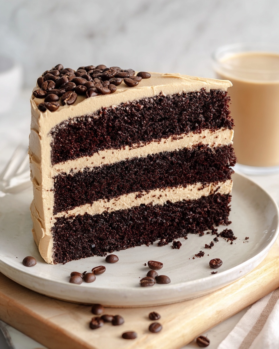 Single slice of rich chocolate layered cake with creamy coffee frosting between each moist dark chocolate layer, topped with whole coffee beans, displayed on a clean white plate set against a white marble background, natural lighting highlighting the dense, soft texture and smooth frosting, styled as an elegant individual serving from a food blog, photo taken with an iphone --ar 4:5 --v 7