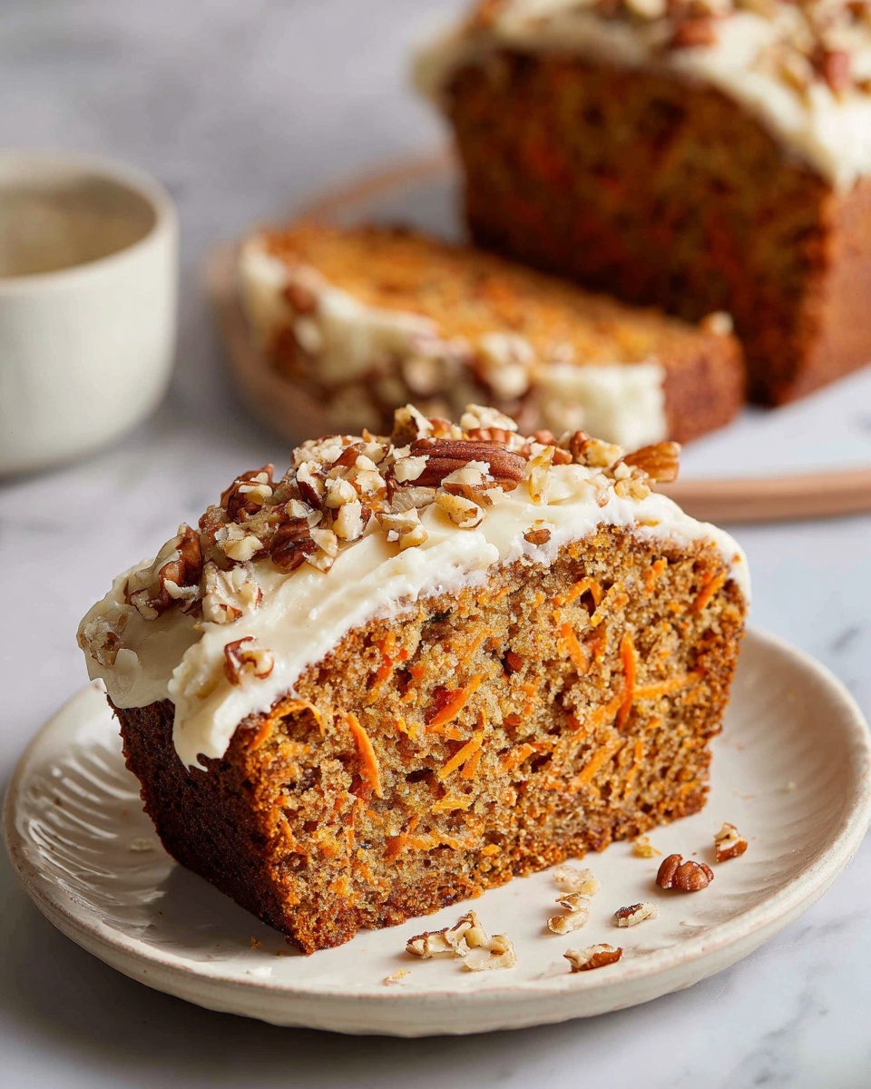 Single white scalloped plate with one slice of moist carrot cake showing visible shredded carrot pieces and fine crumb texture, topped generously with creamy white frosting sprinkled with chopped pecans, close-up angled shot revealing the thickness of the frosting layer and nutty garnish, placed on white marble surface with natural light, styled like a food blog individual serving photo taken with an iphone --ar 4:5 --v 7