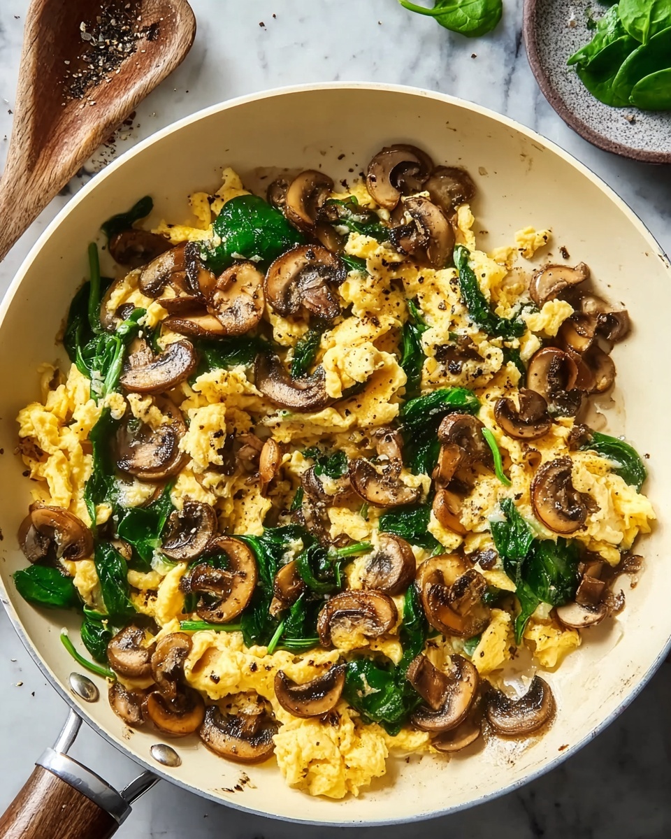 Single white plate presenting a generous plated serving of creamy scrambled eggs with vibrant green spinach leaves folded in, topped with sautéed, glistening brown mushroom slices sprinkled with freshly cracked black pepper, close-up angled view emphasizing the fluffy, soft texture of the eggs and the tender mushrooms, natural light highlighting the fresh, warm appeal of the dish, placed on a white marble surface, styled like a food blog single portion photo taken with an iphone --ar 4:5 --v 7