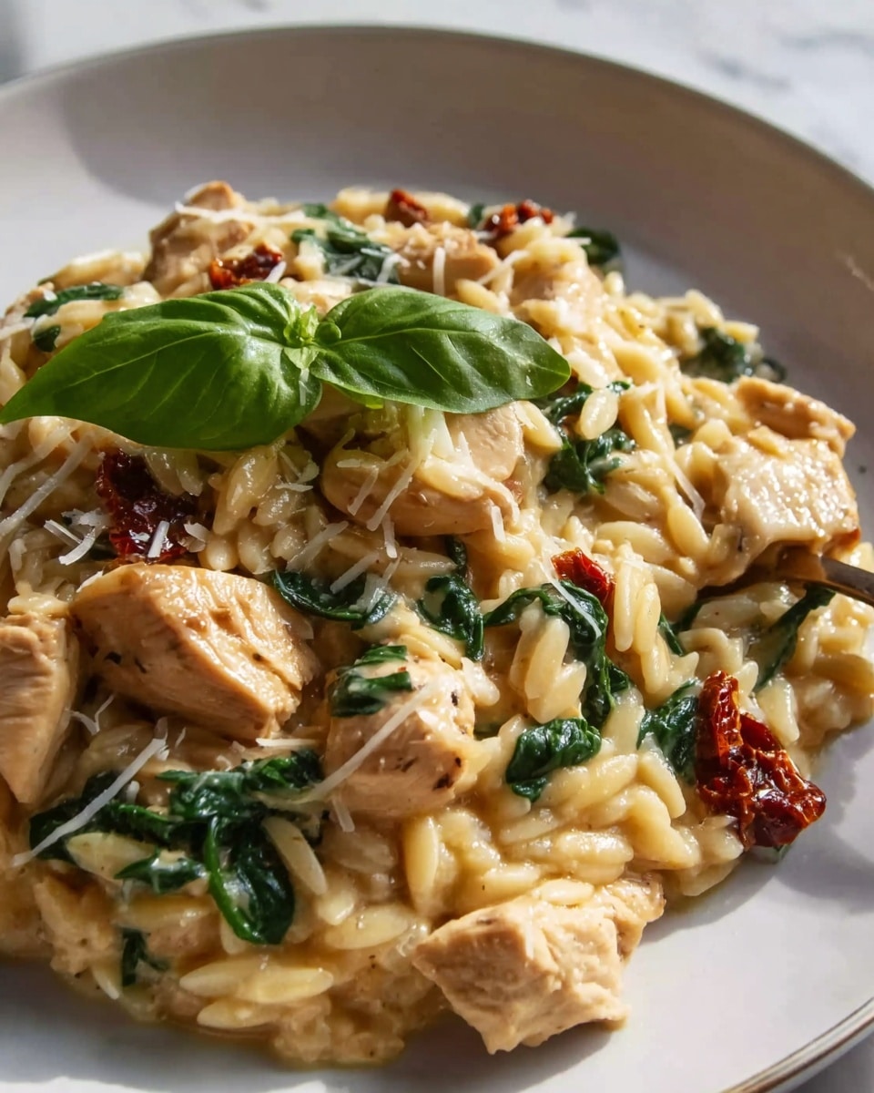Single white plate featuring one generous serving of creamy orzo pasta with tender chunks of chicken, wilted spinach, and sun-dried tomatoes, close-up angled view highlighting the rich sauce coating each grain of orzo and the juicy interior texture of the chicken pieces, garnished with a fresh basil leaf and a light sprinkling of grated cheese, set on a white marble surface with natural lighting, styled like a food blog plated portion ready to eat, photo taken with an iphone --ar 4:5 --v 7