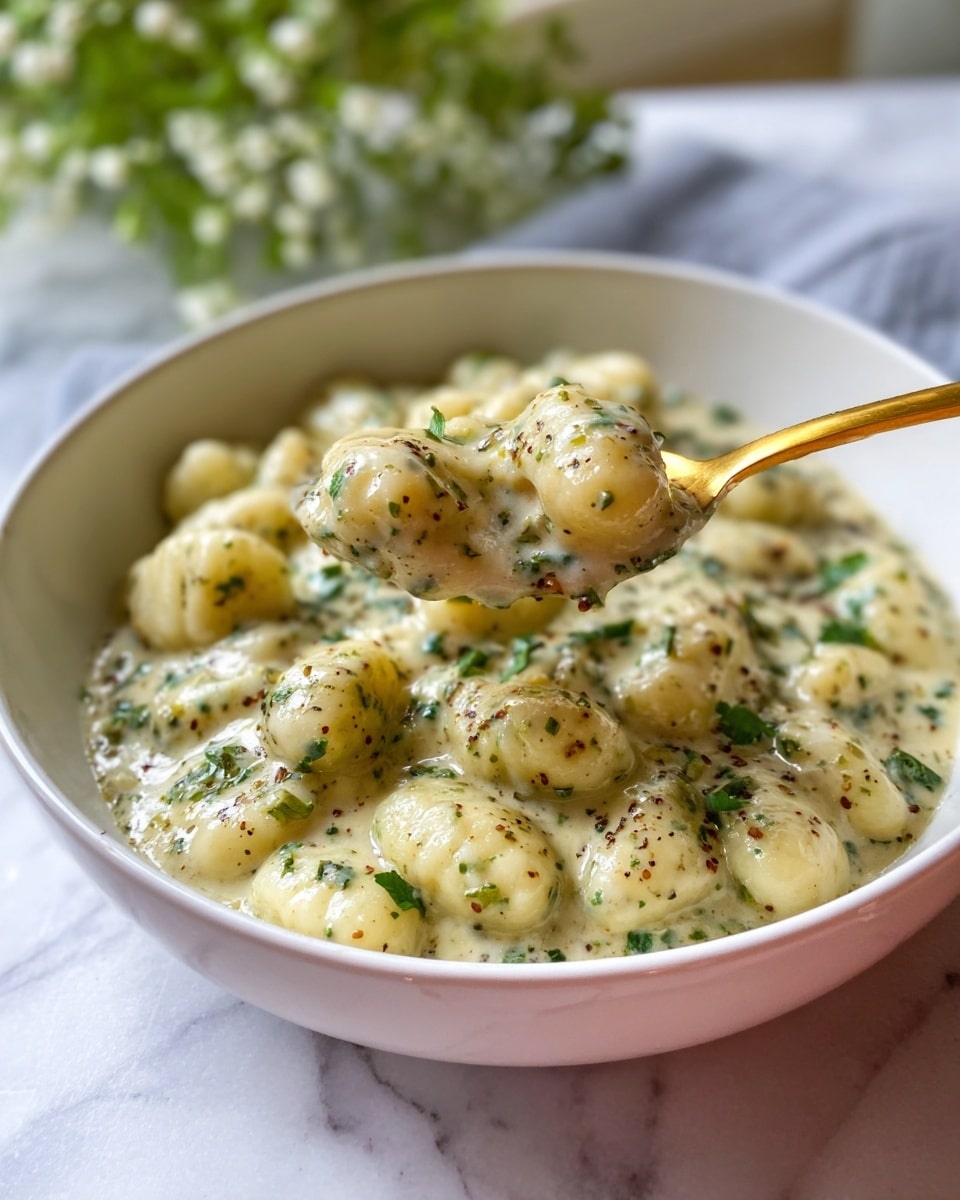 Single white bowl showing one generous serving of creamy gnocchi coated in a rich herb-infused sauce, close-up angle highlighting the tender, pillowy potato dumplings and specks of fresh parsley and cracked black pepper throughout, a gold spoon lifting a portion revealing the velvety sauce clinging to the gnocchi, placed on white marble surface with natural lighting, styled like a food blog close-up photo taken with an iphone --ar 4:5 --v 7