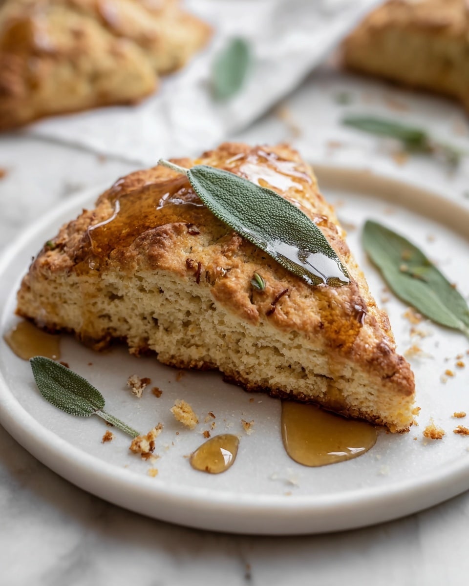 Single triangular slice of warm, golden-brown scone on a pristine white plate, close-up angled view revealing a tender, crumbly interior texture with delicate layers, drizzled with glossy honey glaze and adorned with a fresh sage leaf on top, crumbs scattered around adding rustic charm, placed on a white marble surface under soft natural lighting, styled as an inviting individual serving from a food blog, photo taken with an iphone --ar 4:5 --v 7