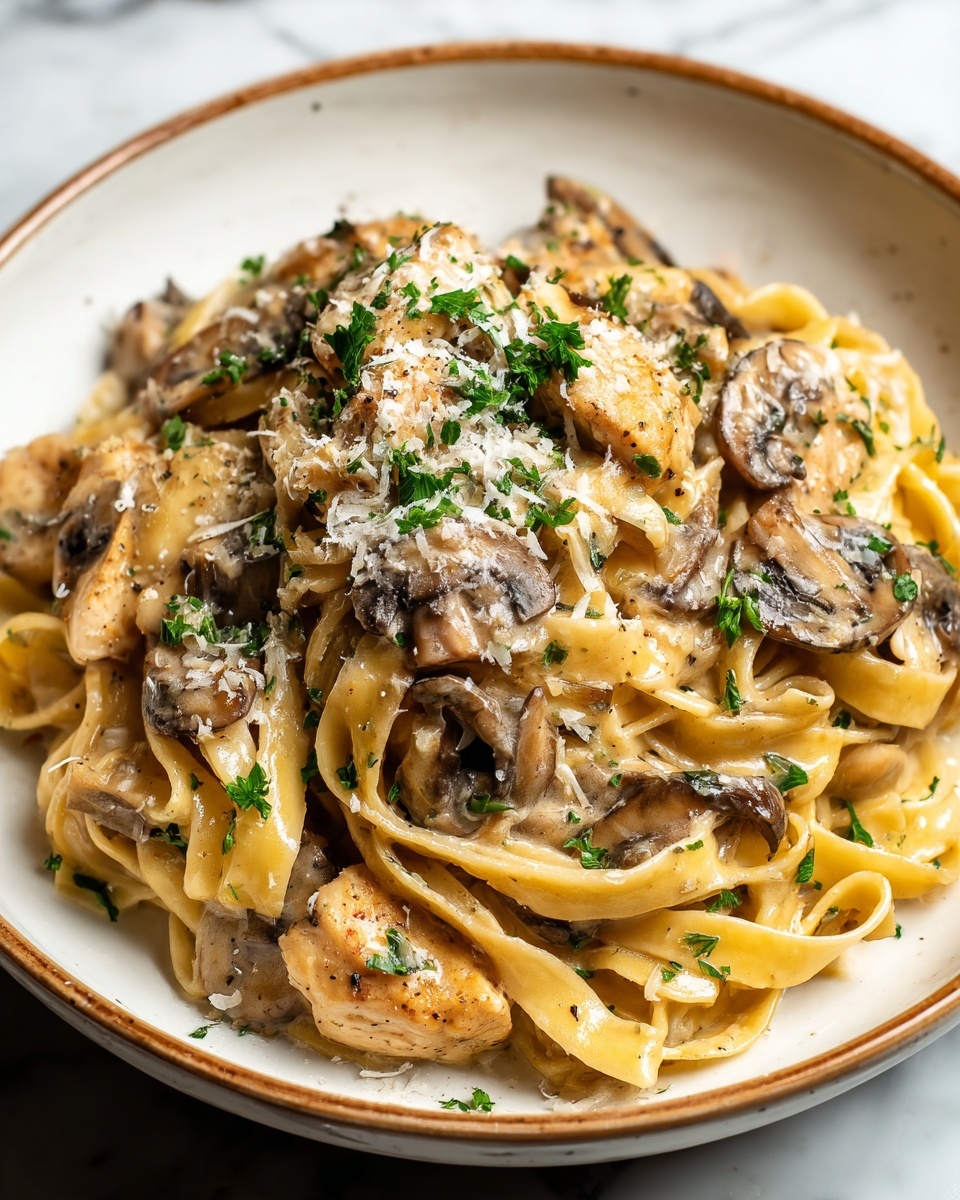 Single white bowl featuring a close-up of a plated serving of creamy chicken and mushroom pasta, showcasing tender bite-sized chicken pieces and sautéed mushrooms nestled atop a small nest of linguine, glistening in a rich, pepper-speckled sauce, garnished with finely chopped parsley and a light shower of grated cheese, shot from an angled perspective to emphasize the textures of the creamy sauce and plump mushrooms, placed on a white marble surface, natural soft lighting highlighting the dish’s comforting appeal, intimate food blog style photo taken with an iphone --ar 4:5 --v 7