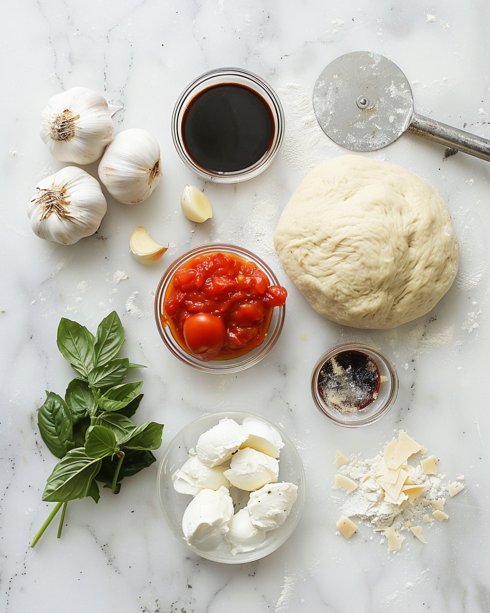 Whole uncut white pizza on a large white plate, topped with melted mozzarella cheese, fresh basil leaves, diced tomatoes, and drizzled with balsamic glaze, the crust golden and perfectly baked, shown from a 3/4 angle on a white marble countertop with natural lighting, styled like a hero shot from a food magazine, photo taken with an iphone --ar 4:5 --v 7