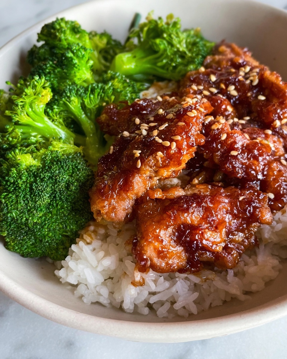 Single white bowl featuring a single serving of sticky glazed chicken pieces sprinkled with toasted sesame seeds, resting over a bed of fluffy white rice. Vibrant steamed broccoli florets are arranged on the side, adding a fresh green contrast. The close-up view captures the glossy, richly textured sauce coating the chicken, with visible caramelization and tender layers of meat and sauce. Natural lighting highlights the subtle steam rising, all set on a white marble surface. Intimate plated serving photo taken with an iphone --ar 4:5 --v 7