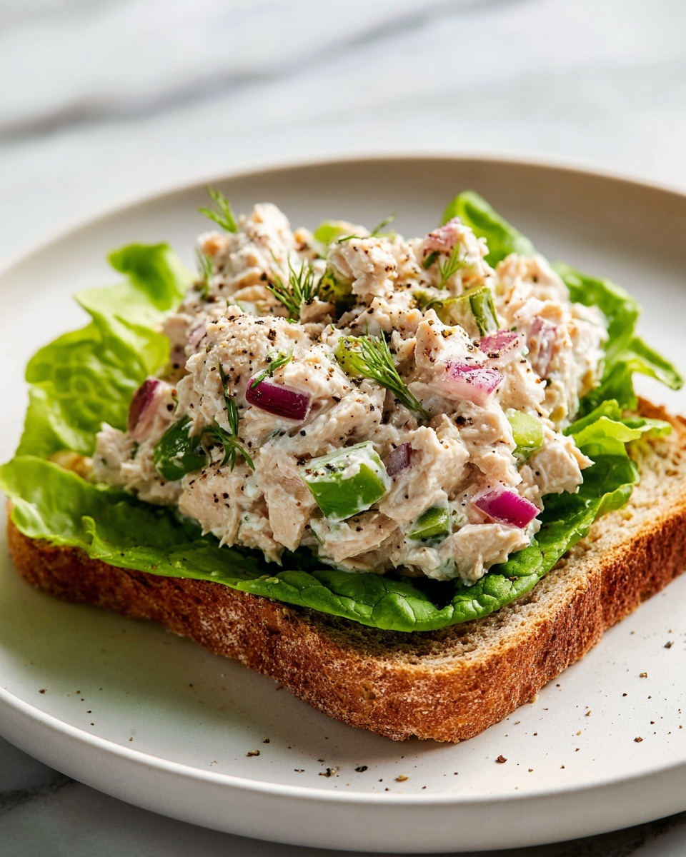 Single white plate featuring one open-faced tuna salad sandwich portion on whole wheat bread, topped with crisp green lettuce leaves and a generous scoop of creamy tuna salad mixed with diced red onions, green bell peppers, and fresh herbs, visible flecks of black pepper sprinkled on top, close-up angled view revealing the chunky texture of the tuna mixture and fresh vegetables, set on a smooth white marble surface under natural lighting, a styled individual serving from a food blog, photo taken with an iphone --ar 4:5 --v 7
