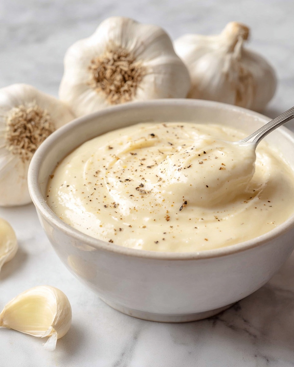 Single white plate with a neatly scooped serving of creamy garlic sauce, smooth and velvety texture with subtle flecks of crushed garlic throughout, presented alongside a small garnish of fresh herbs, close-up angled shot revealing the luscious thickness and rich consistency, set on pristine white marble surface under soft natural lighting, styled like a food blog individual portion photo taken with an iphone --ar 4:5 --v 7