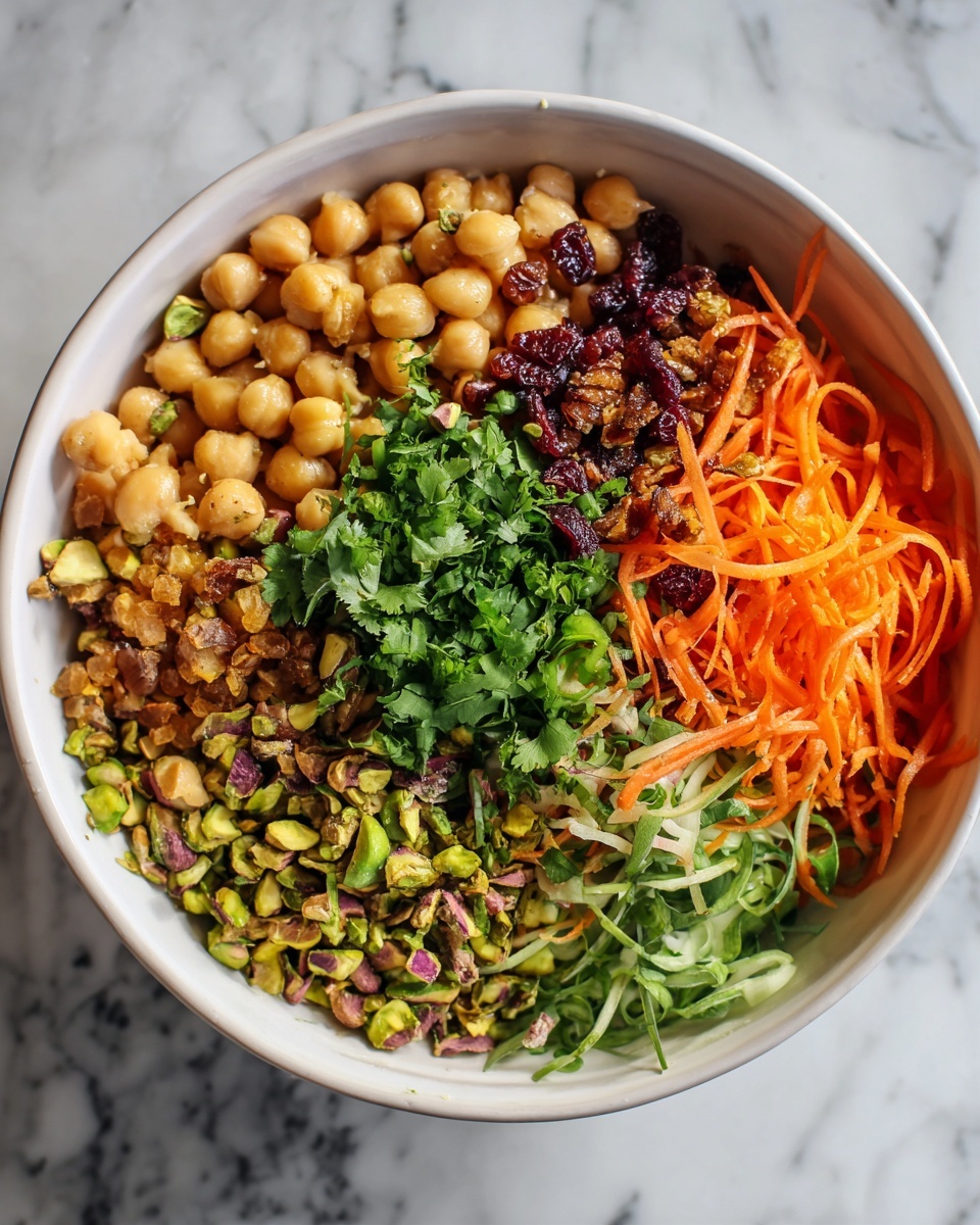 Single white bowl with a close-up view of a fresh, vibrant carrot and chickpea salad, featuring finely shredded carrots mixed with whole chickpeas, sprinkled with crumbled white cheese and chopped fresh cilantro, garnished with toasted pistachios, creating a colorful texture contrast. The bowl sits on a white marble surface, natural lighting highlights the fresh ingredients and textures, styled as a single serving ready to eat, intimate plated serving photo taken with an iphone --ar 4:5 --v 7