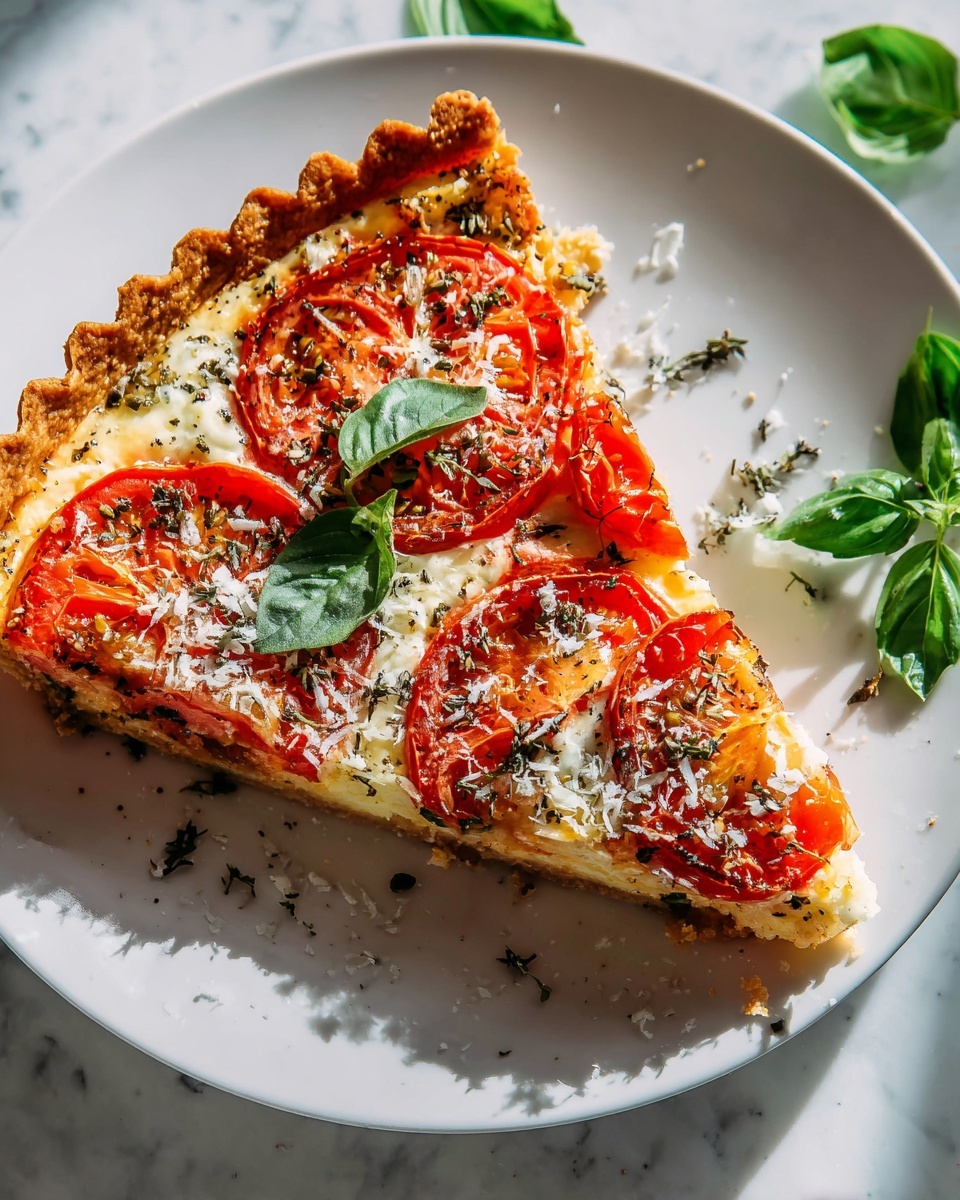 Single white plate featuring one triangular slice of tomato and herb tart, angled to showcase the flaky golden crust and the creamy cheese layer beneath vibrant roasted tomato slices, topped with grated parmesan and fresh basil leaves, subtly seasoned with black pepper, all set on a white marble surface with natural lighting, styled like a food blog individual serving, photo taken with an iphone --ar 4:5 --v 7