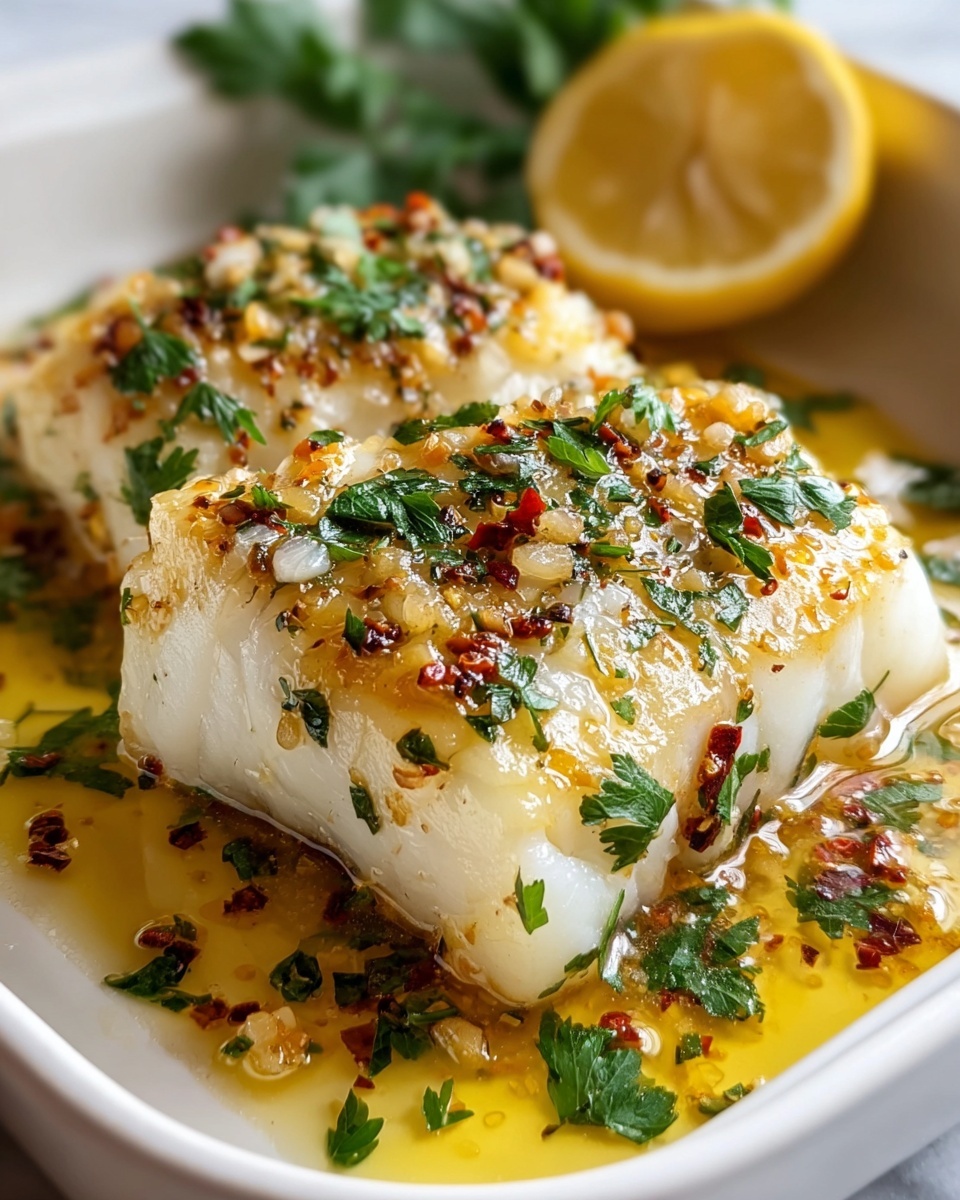Single white plate with a perfectly cooked portion of baked cod, showcasing flaky, tender white fish topped with a golden, herb-infused buttery sauce, scattered with fresh chopped parsley, red chili flakes, and small bits of sautéed garlic and onions, with a wedge of lemon on the side, close-up angled shot revealing the moist and delicate texture of the fish, natural lighting highlighting the glistening sauce, set on a white marble background, intimate plated serving photo taken with an iphone --ar 4:5 --v 7