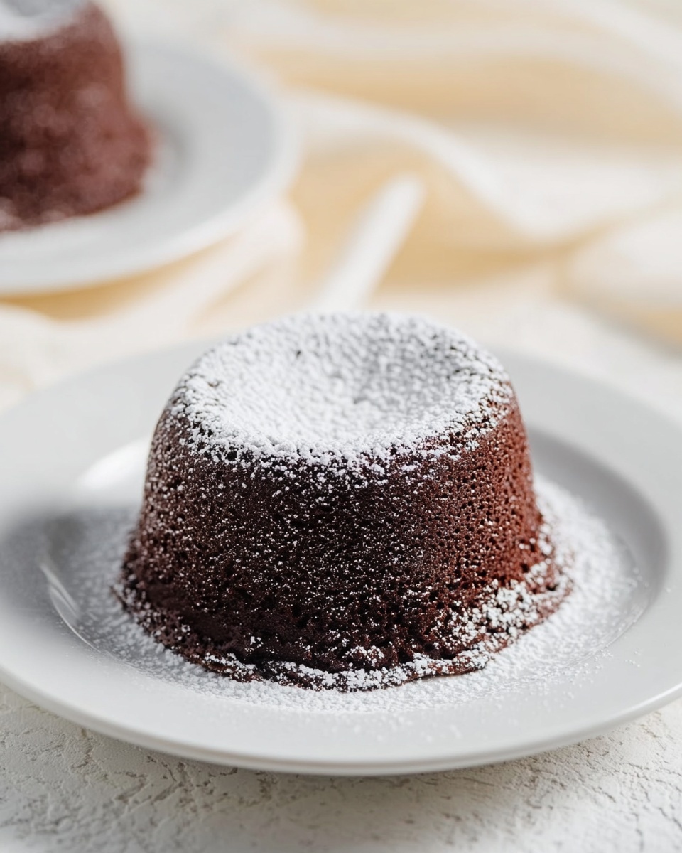 Single white plate displaying one molten chocolate lava cake with a revealing cross-section, warm dark chocolate lava flowing luxuriously onto the plate, the cake dusted with powdered sugar creating a delicate contrast, accompanied by a few plump fresh raspberries on the side, natural light highlighting the rich, moist cake texture and glossy interior, set on white marble background, intimate close-up angle emphasizing depth and detail, styled as a ready-to-eat dessert from a food blog, photo taken with an iphone --ar 4:5 --v 7