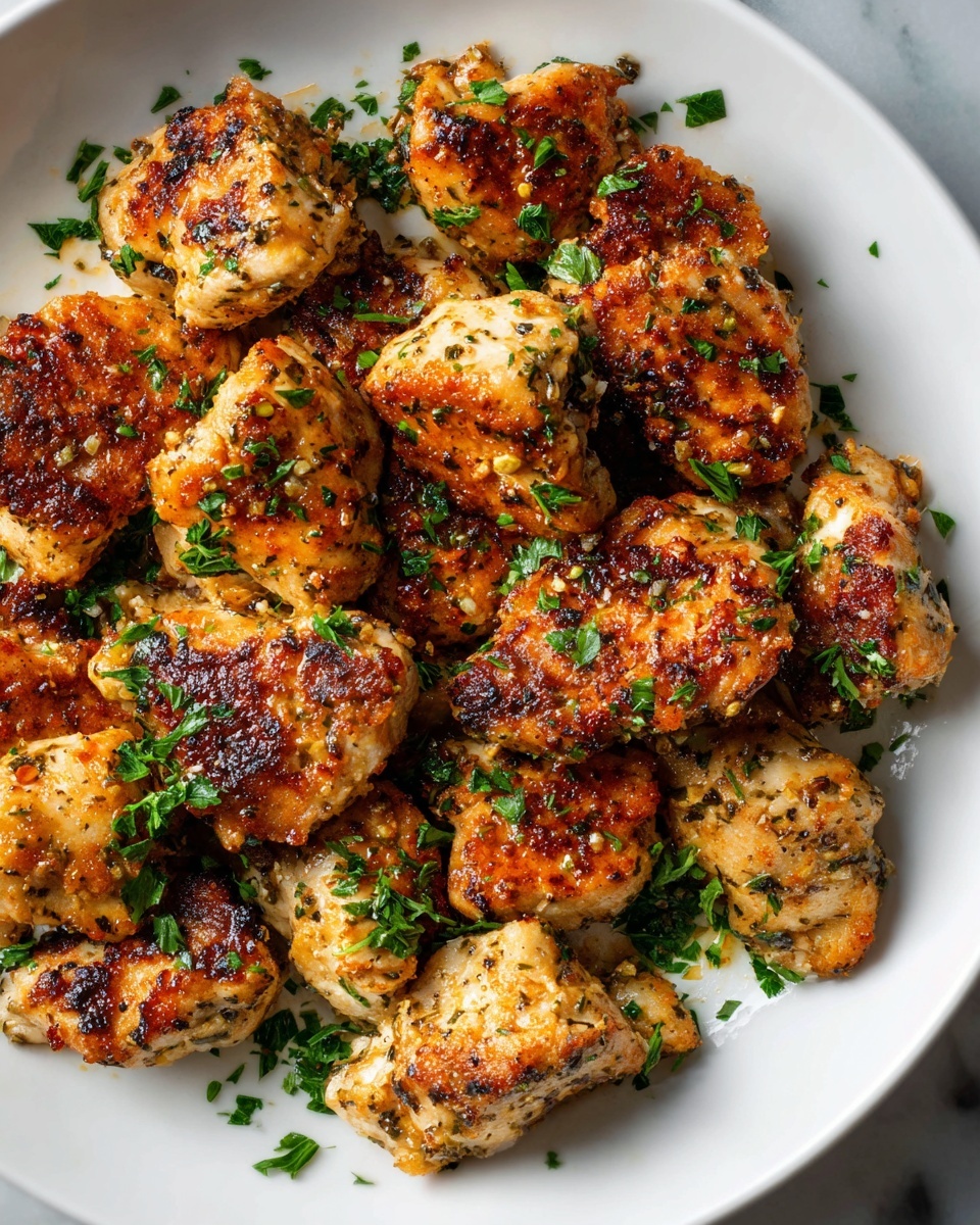 Single white plate showcasing a plated serving of several golden-browned, pan-seared seasoned chicken bite-sized pieces, close-up angle highlighting the crispy seared exterior texture with hints of herbs and spices, garnished with finely chopped fresh parsley, natural lighting on a white marble background, intimate plated serving photo taken with an iphone --ar 4:5 --v 7